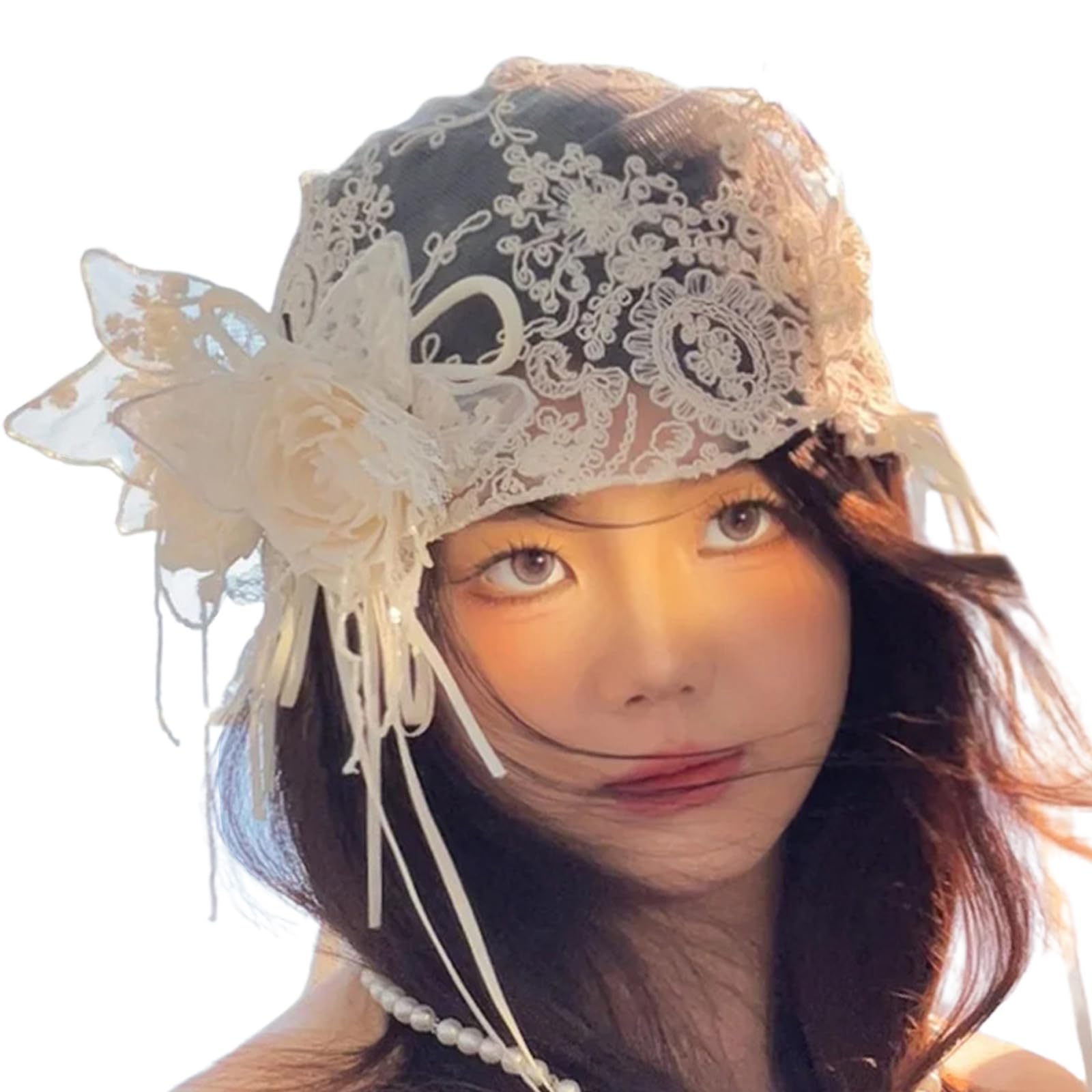 MICFENY Handmade Lace Bridal Headpiece with Elegant Flower Pearls Design For Bride Wedding Ceremony Photoshooting Headpiece