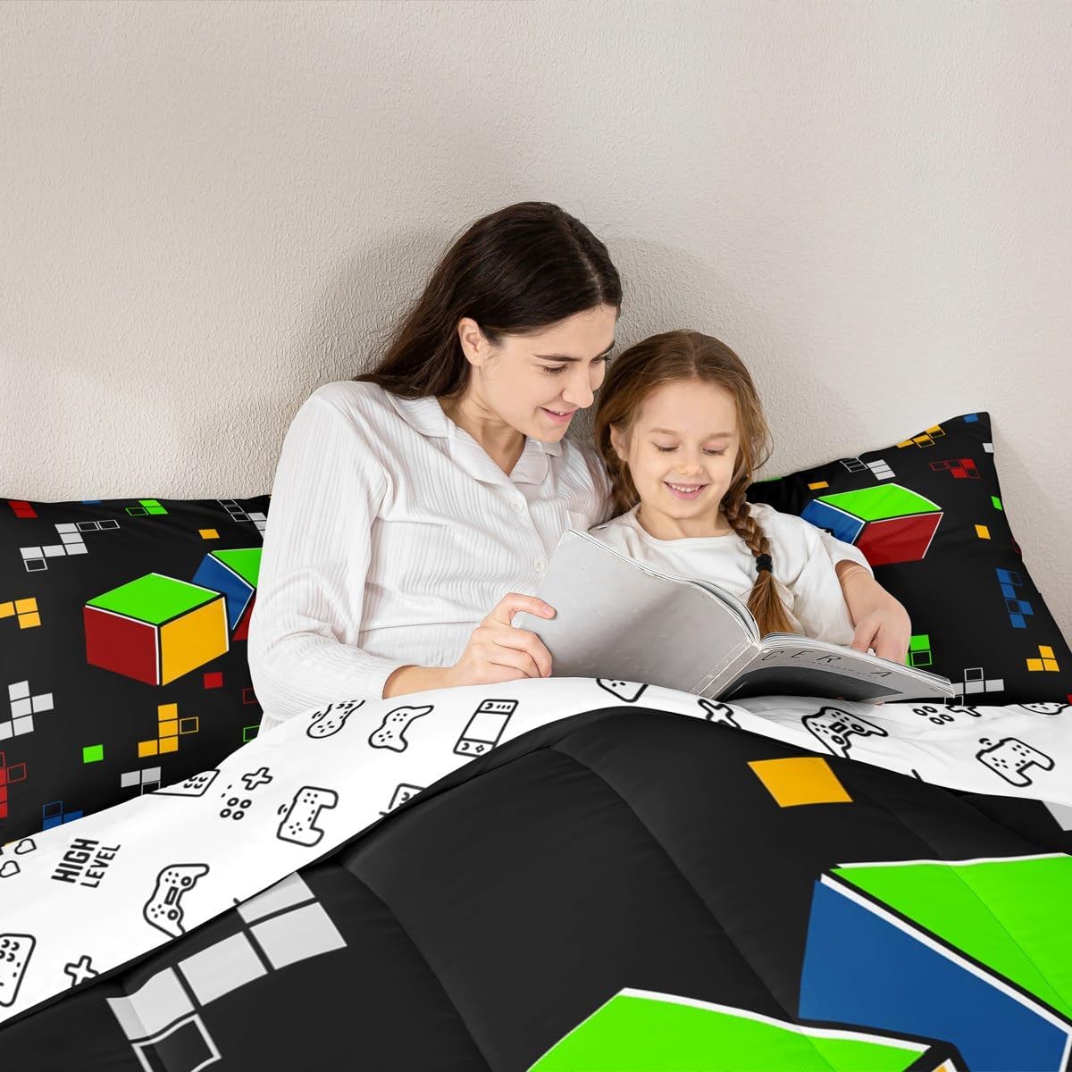 Kids Gamepad Bedding Set Toddler Size,Reversible Gamer Comforter Set for Boys Girls Teens Men Room Decor,Miner Theme Video Games Quilt Set Colorful Geometric Plaid Duvet Insert,1 Pillowcase