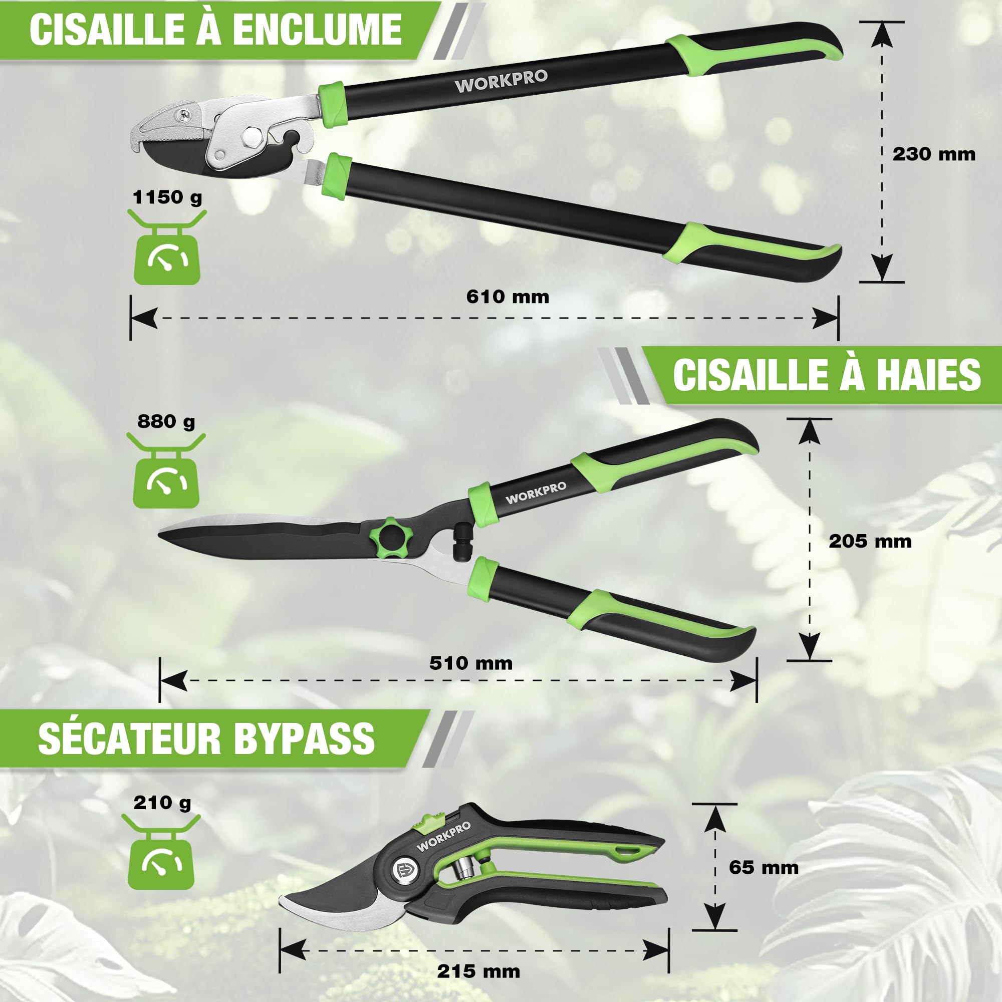 WORKPRO Set de 3 Cisailles de Jardin - Sécateur Bypass, Cisaille à Enclume et Cisaille à Haies - Kit Complet pour l'Entretien des Plantes
