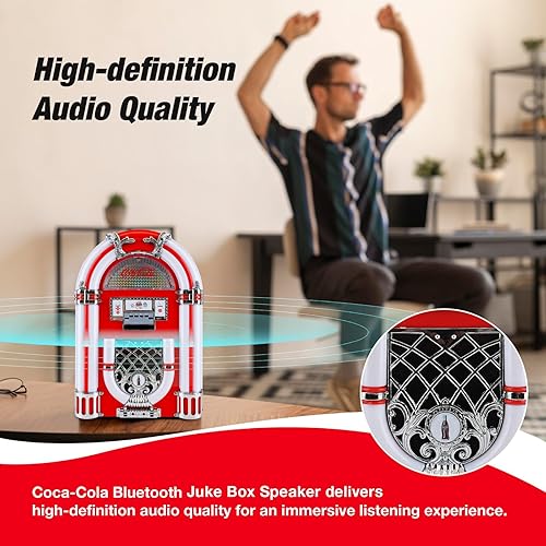 Miniatura 4 de Coca-Cola Jukebox - Altavoz Bluetooth con radio FM, luces LED, salida de 16 W, batería de 1800 mAh, carga USB-C, rango de 32.8 ft, diseño retro para