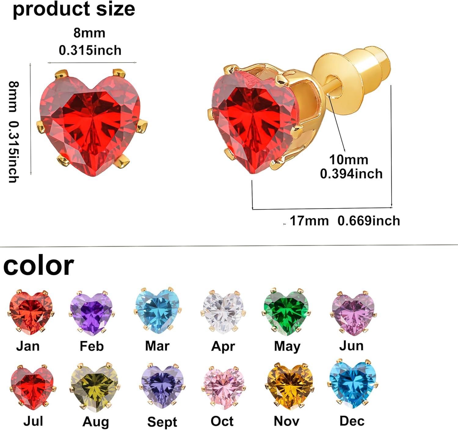 8mm Heart-Cut Birthstone Stud Earrings for Women – 18K Gold Plated Hypoallergenic Cubic Zirconia Earrings, Nickel Free, 12 Months Colors, Everyday Jewelry, Gift for Her, Bridal, Birthday, Christmas - Image 8