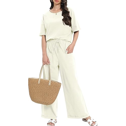 Women Cotton Linen Two Piece Outfit Loungewear Short Sleeve Top and Wide Leg Pants Lounge Set Tracksuits AU5