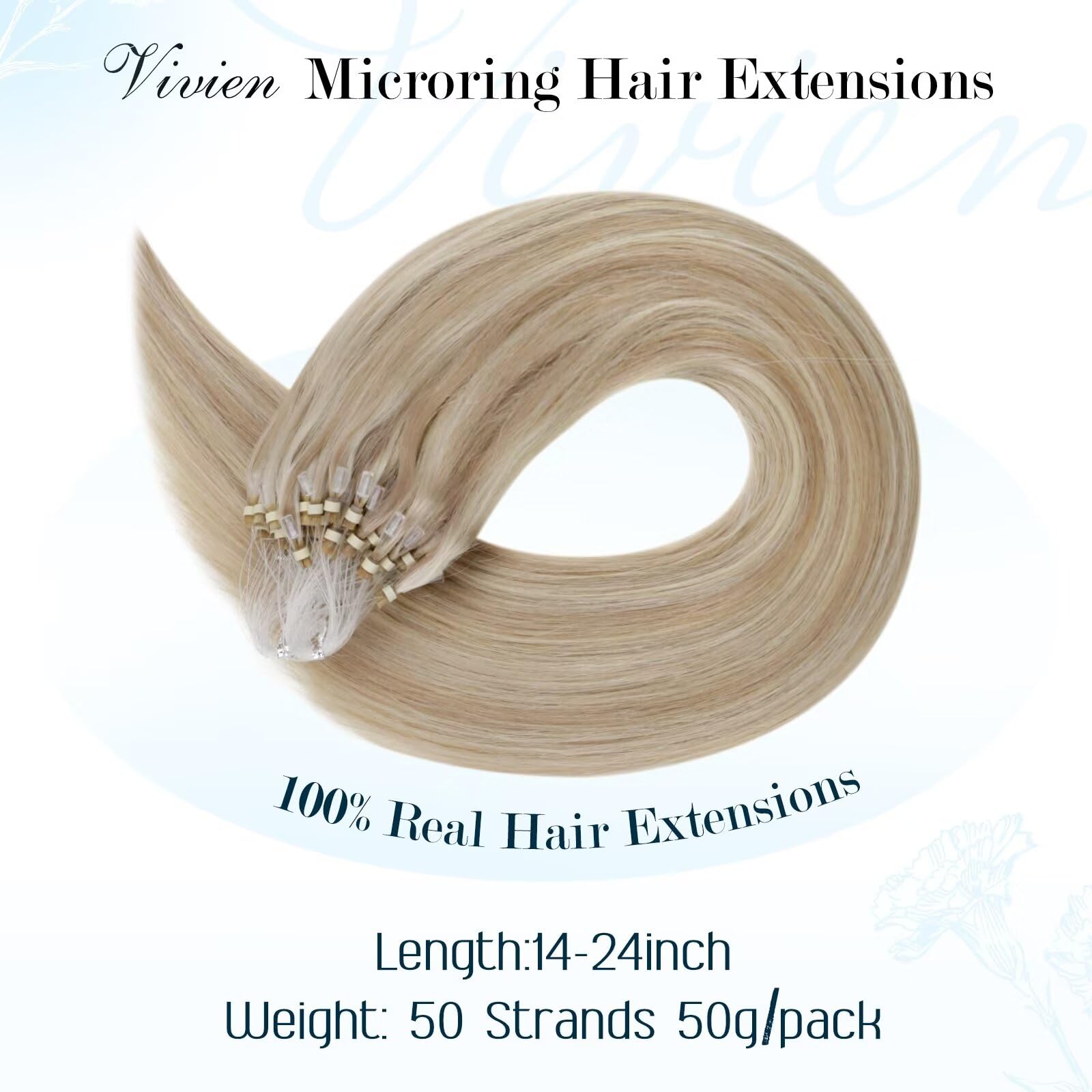 Vivien 24 Inch Micro Beads Extensions Human Hair Blonde Natural Hair Extensions Micro Ring Ash Blonde with Bleach Highlight Long Silky 50s 50g #18/613 - Image 2