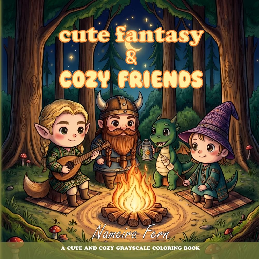 Cute Fantasy and Cozy Friends: A Cute and Cozy Grayscale Coloring Book: Whimsical Witches, Elves & Vampires for Adults and Teens, Stress Relief and Relaxation