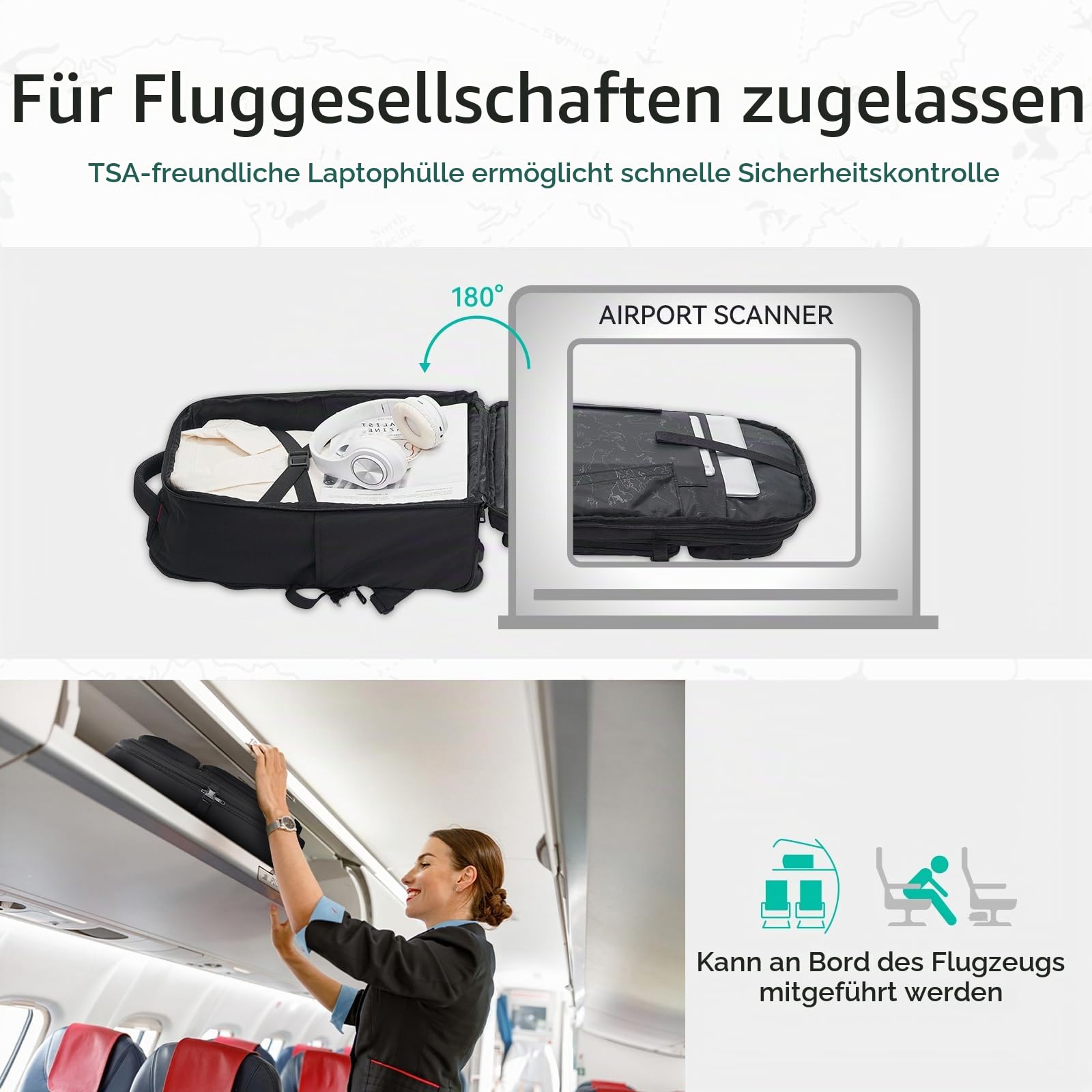 OIWAS Rucksack mit Rollen, 43,9 cm (17,3 Zoll) Roll-Laptop-Rucksack, 36 l Rollen, Untersitz-Kabinentasche für Reisen, Business, Schule, Fluggenehmigt, Easyjet-Rucksack für Herren, Schwarz, All-Black,