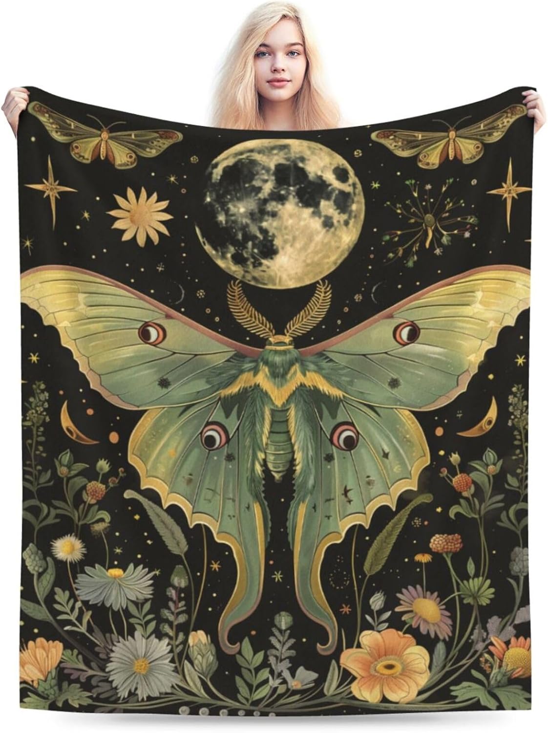 Moth Moon Phases Blanket Gifts for Women Kids, Mystical Butterfly Floral Flannel Blankets, Warm Cozy Soft Throw for Bedroom, Camping, Couch, Decor 50x60 in