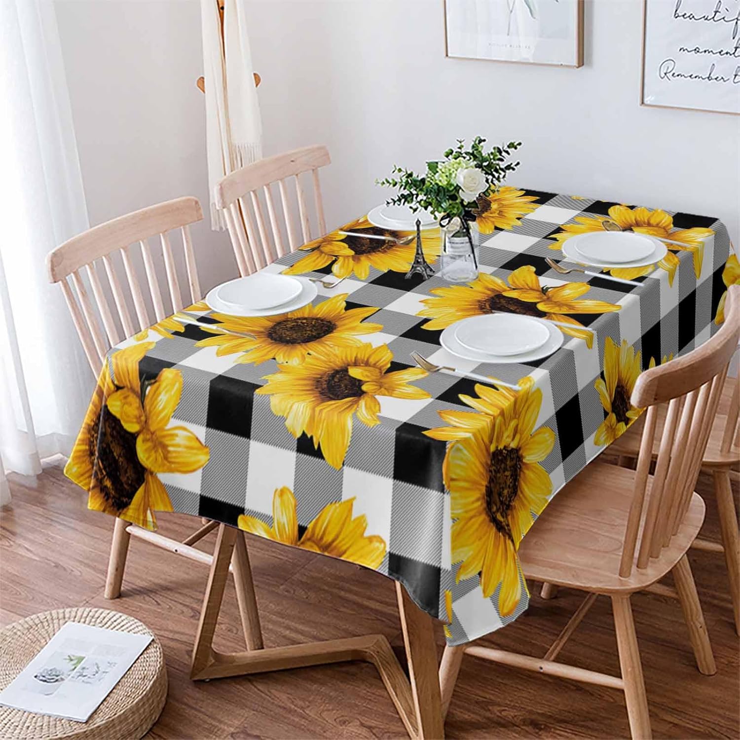 Savannan Tablecloths Farm Watercolor Sunflower Print on Black and White Checkered Plaid Water Repellent Fabric Table Cloths Dining Table Covers for Buffet Parties Camping, Rectangle 52" X 70"