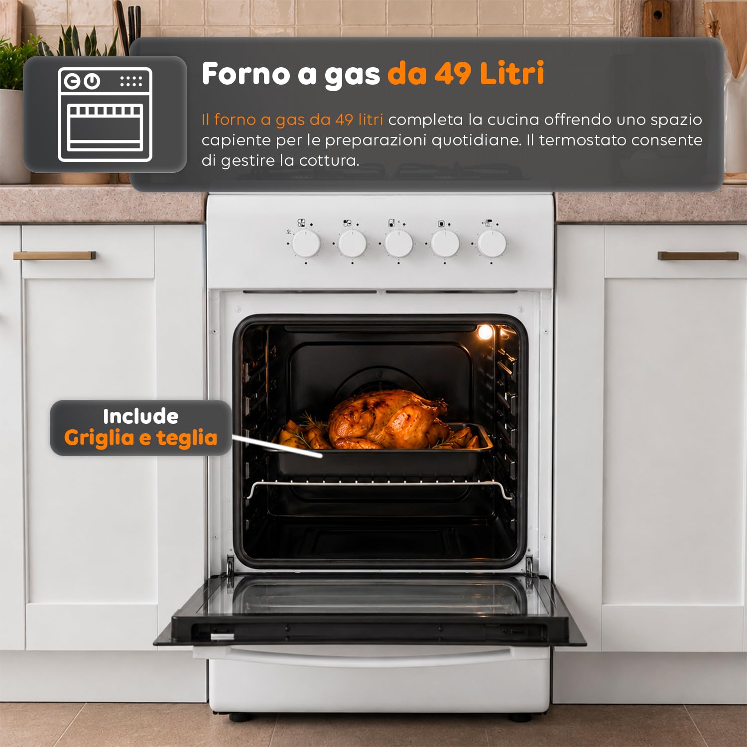 Cocina de gas de 50 x 50 cm con horno de gas de 49 litros y 4 fuegos de diferente potencia, cocina a gas libre instalación con válvulas de seguridad, tapa y parrillas esmaltadas (blanco)