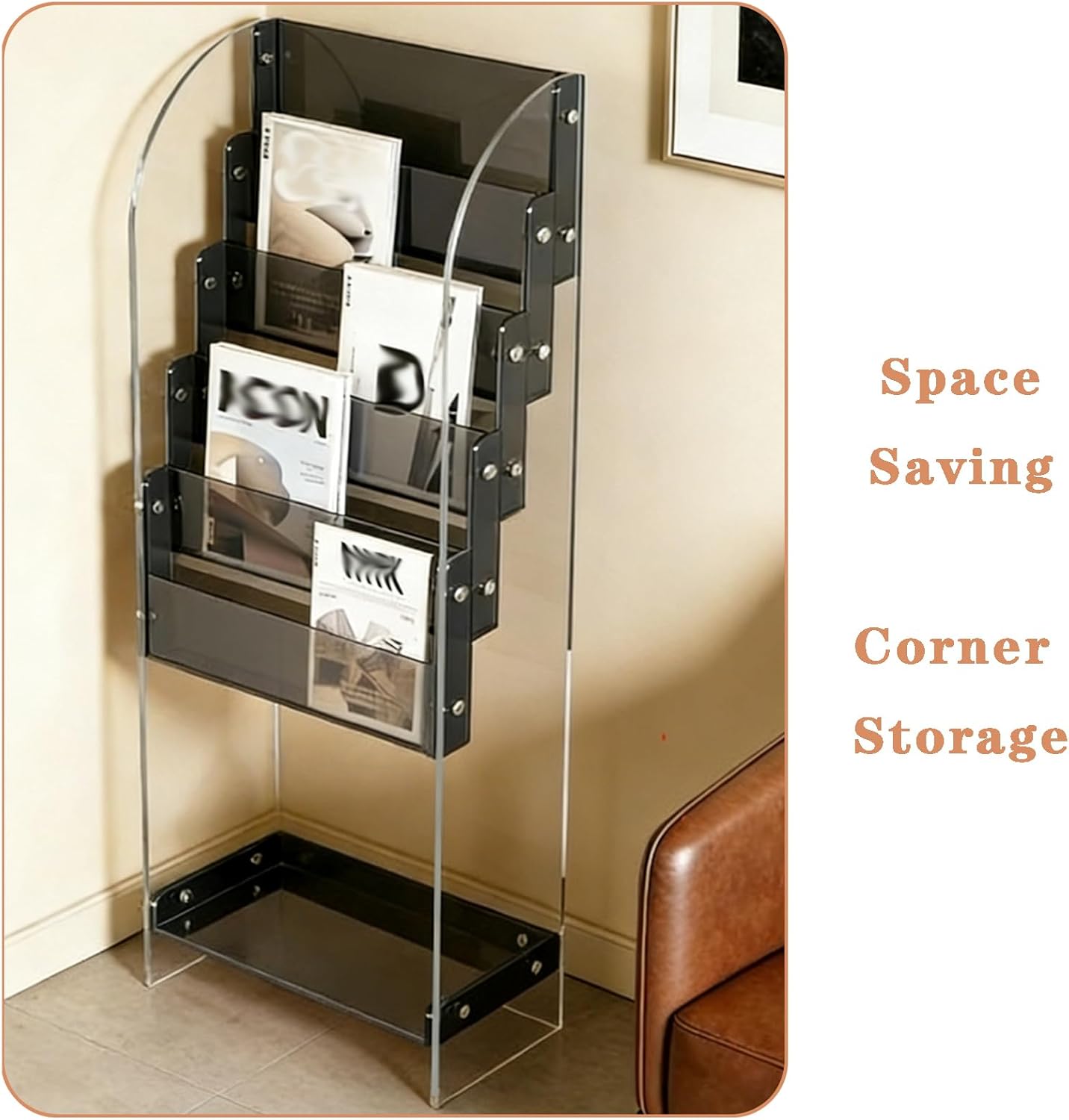 JSWHYBD 5-Tier Floor-Standing Acrylic Magazine Rack — A Light Luxury Display Stand with Retaining Guards, Suitable for Living Rooms, Cafés, Studies, and Hotels Orange