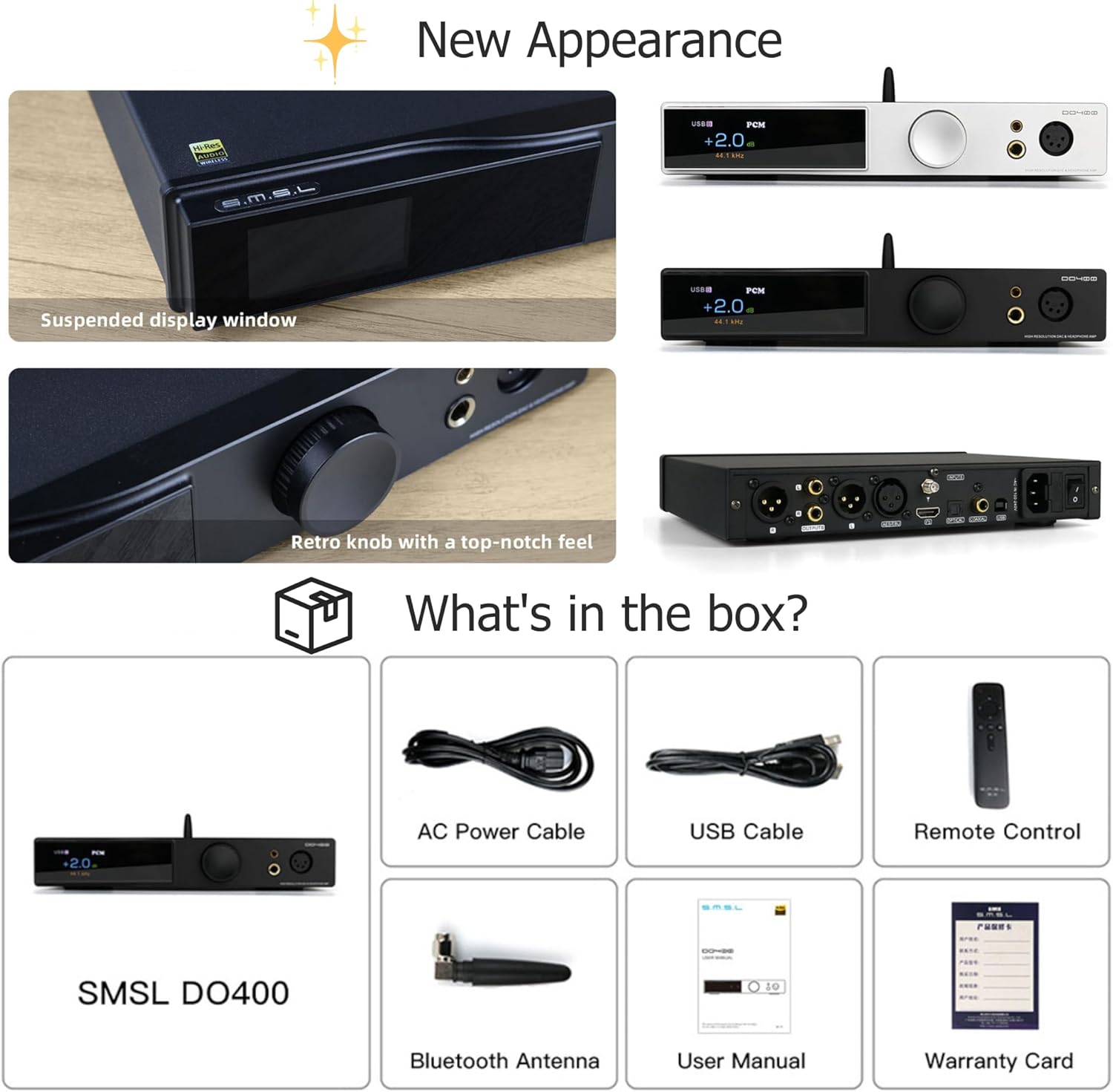 SMSL DO400 product and included accessories: AC power cable, USB cable, remote control, Bluetooth antenna, user manual, and product card.