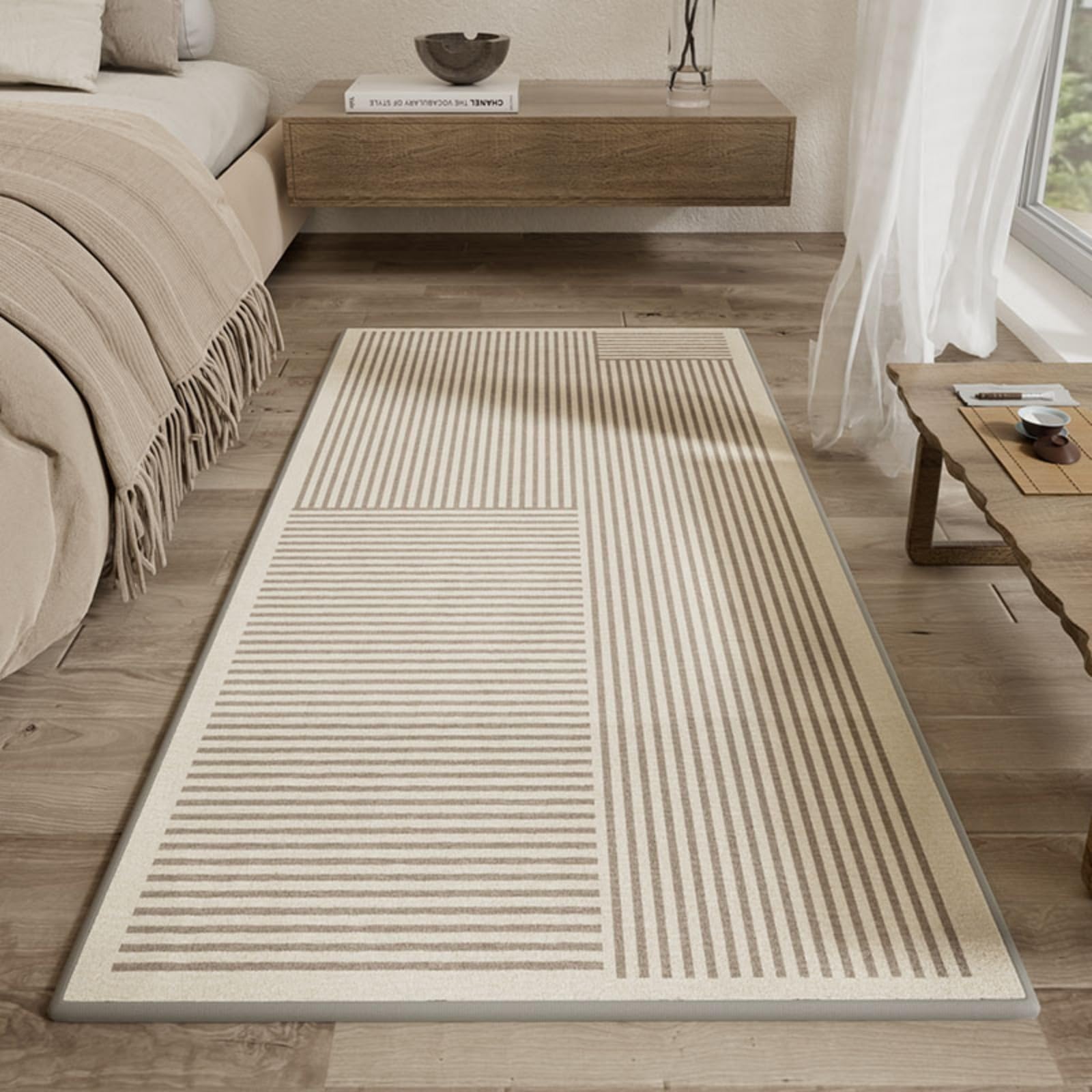Tapis en peluche à rayures isolant et moelleux pour grand salon 140x200