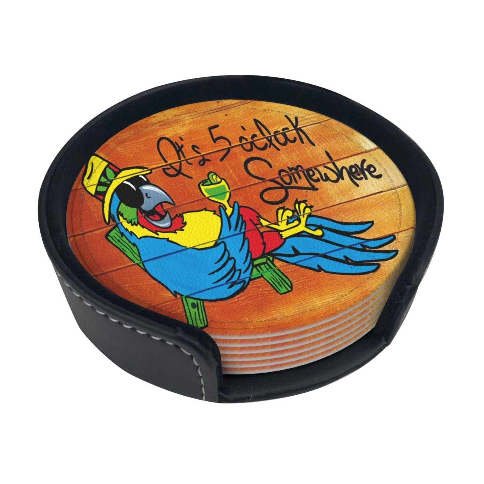 Dingtaifeng It's 5 O'Clock Somewhere Coasters Set of 6 Pu Leather Drinks Coaster with Holder for Coffee Table Kitchen Table Bar Home & Office Gifts Decor, Colour1