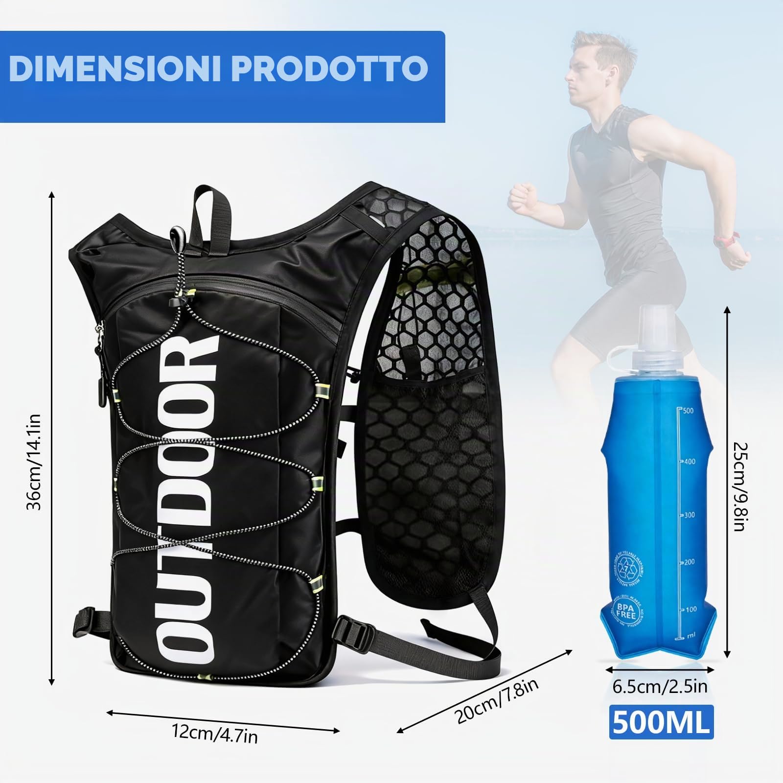 Gilet Running Uomo Donna, Zaino Trail Running con Borraccia Morbida 500ml,Gilet da corsa per MTB Ciclismo Maratona Escursionismo