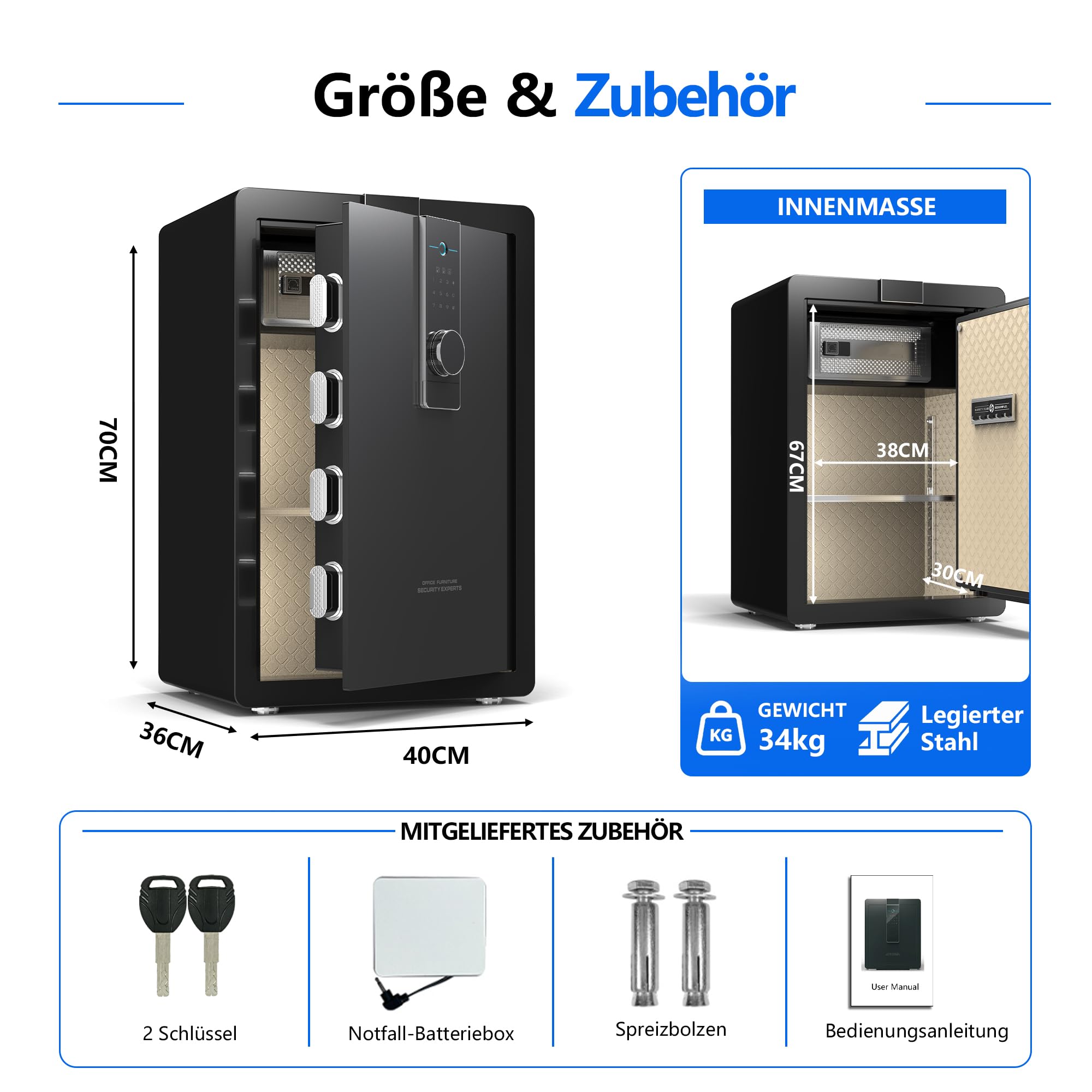 34KG Schwerer Safe Tresor für Zuhause, 100L Großer Stahl Schranktresor mit Zahlenschloss und Fingerabdruck, Alarmanlage, Anti-Theft Möbeltresor für Schmuck, Geld und Wertgegenstände (Weiß, 100L)