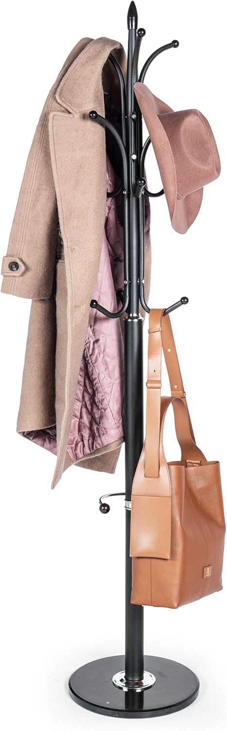 Modern Metal Coat Rack with Sturdy Natural Marble Base for Coat, Jacket, Hat, Cloths, Bags - Freestanding Coat Stand with 12 Hooks & Umbrella Holder for Entryway, Hallway, Corner, Office