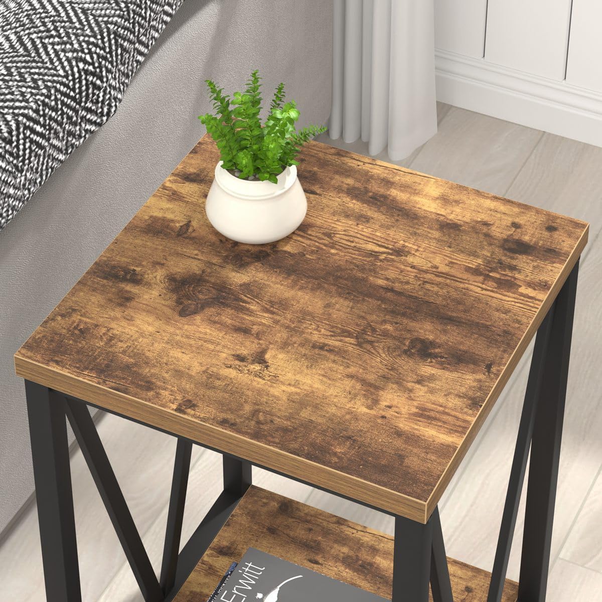 EXCEFUR End Table, Square Side Tables for Living Room, Industrial Metal and Wood Nightstand for Bedroom, Rustic Brown