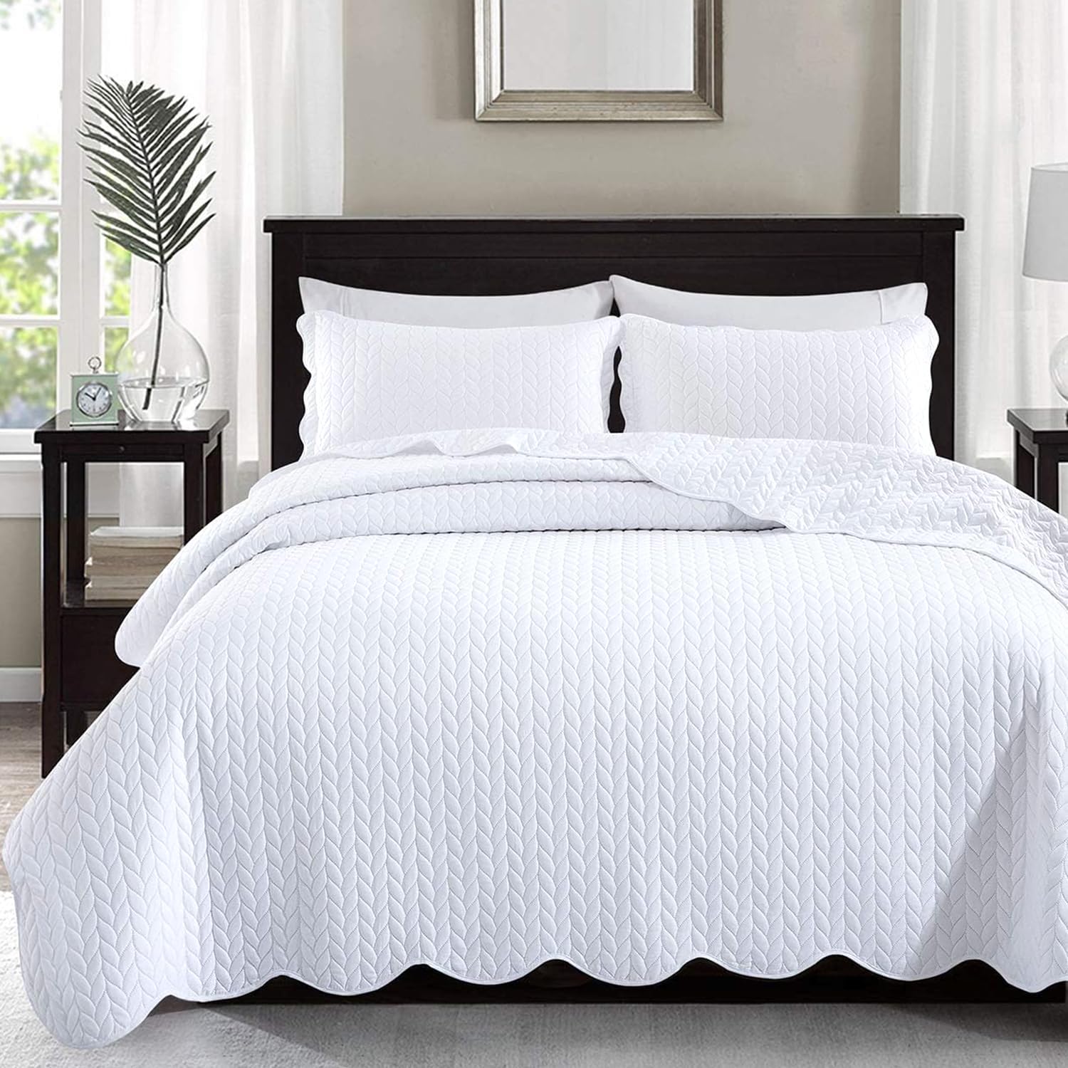 King Quilt Set Bedspread Coverlet Bedding Leaf White 106"x96"