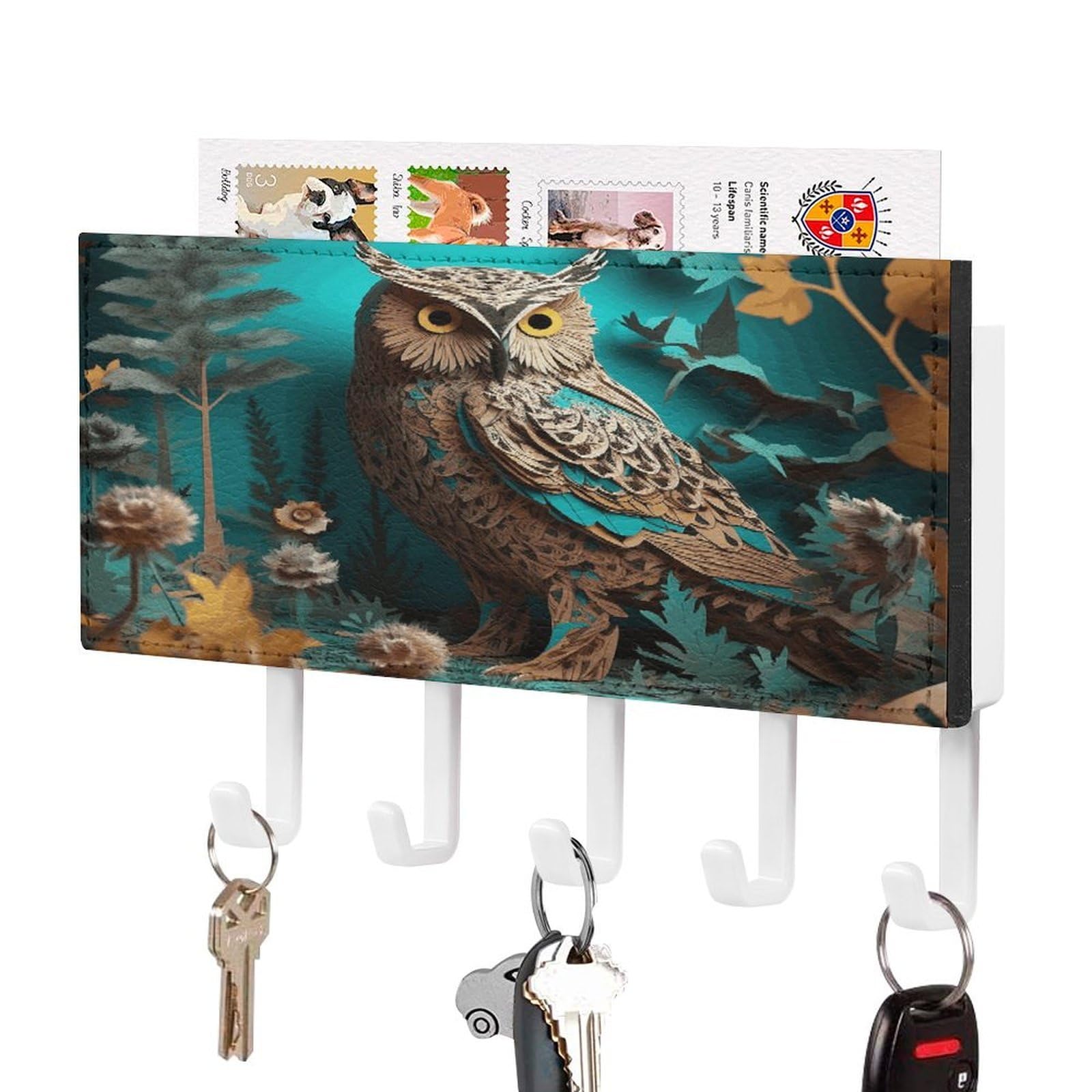 FekiLoot Owl Key Holder for Wall Decorative Mail Organizer with 5 Key Hook Self Adhesive Key Rack with Tray Coat Rack Wall Mount Key Hanger Decor for Entryway Door