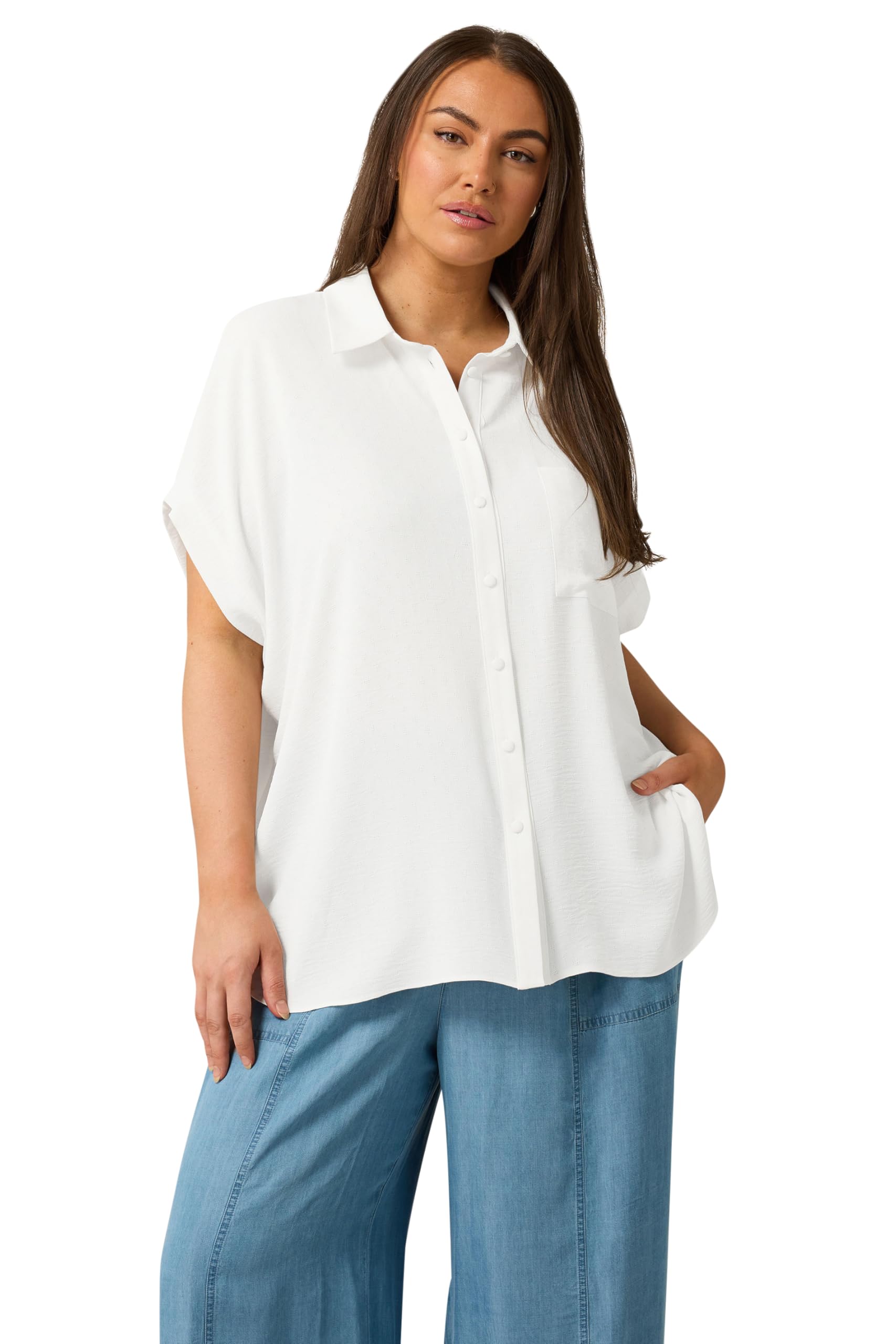 Evans White Grown On Sleeve Blouse - Classic Collar, Chest Pocket, Dipped Hemline - Size 22-24