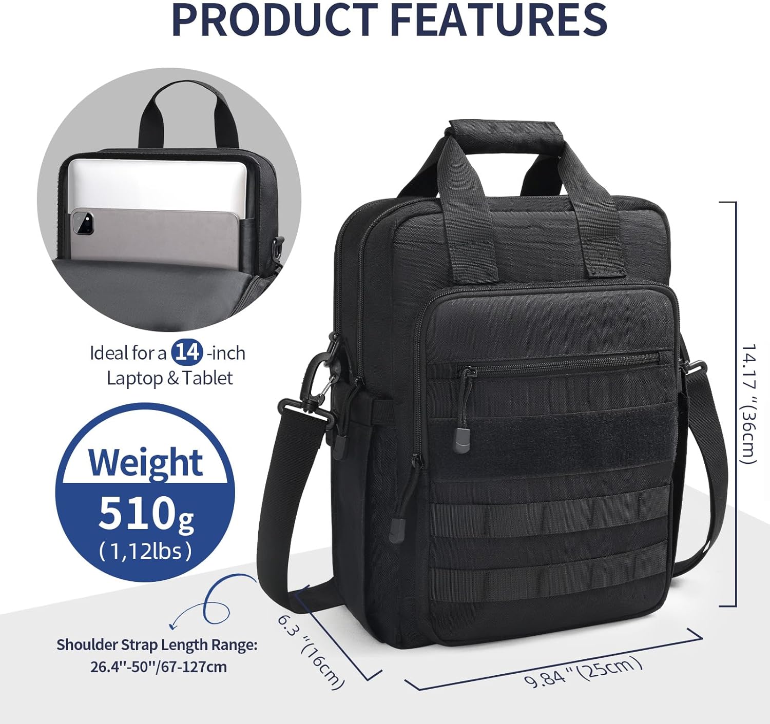 Jetviivid Tactical Messenger Bag for Men, 13''-14'' Laptop Shoulder Bag, Vertical Crossbody Bag Computer Work Sling Bag for 12.9'' Tablet Carrying Case MOLLE Briefcase - Image 4