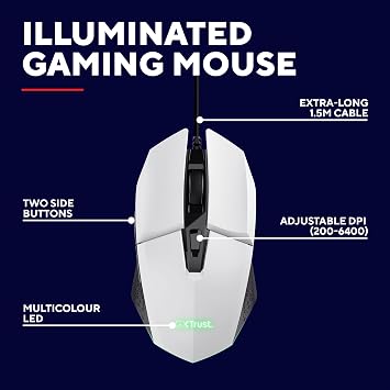 GXTrust Vylax Gaming Mouse with 6 Programmable Buttons, White | Advanced Software, 200-6400 DPI, Multicolour LED Lighting, 1.5m USB Cable, for PC Laptop Windows
