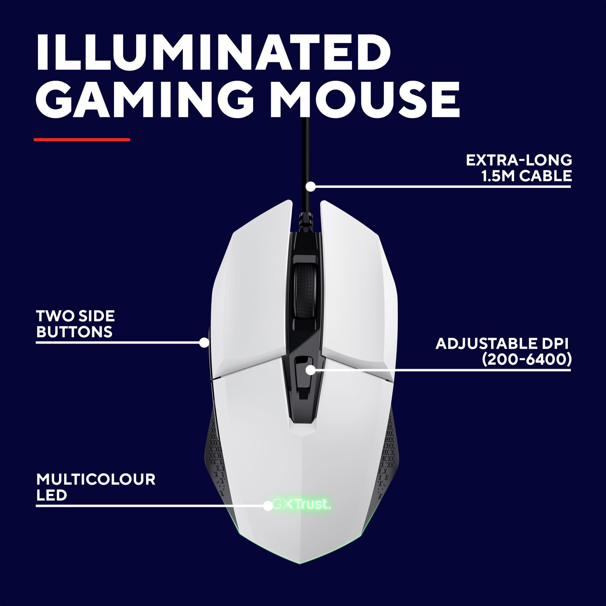 GXTrust Vylax mysz gamingowa z 6 programowalnymi przyciskami, biała | 200-6400 DPI, wielokolorowe podświetlenie LED, kabel USB 150 cm, przewodowa mysz do gier PC komputer laptop