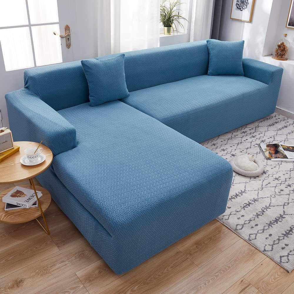 Housse de canapé d'angle en tissu confortable de qualité, grand format 5 places bleu
