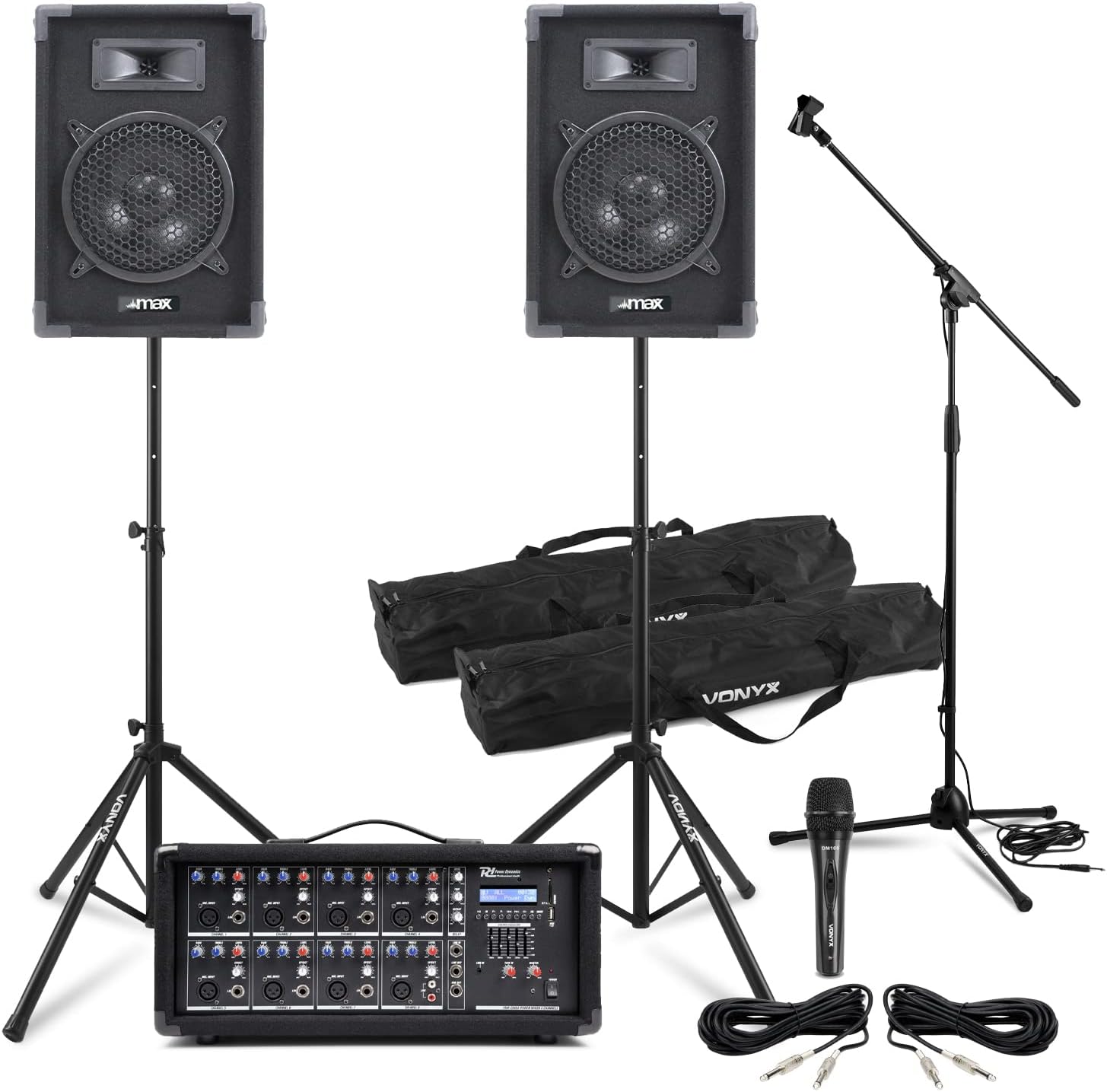 Complete Band PA System with 8" Passive Speakers, 8 Channel 800W Mixer Amp, Microphone, Stands & Cables for Live Performance, Church, Events, PA System for Singers, Bands, DJs, Bluetooth Enabled