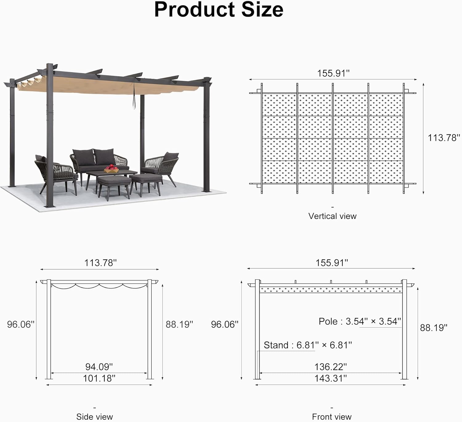 PURPLE LEAF 10' X 13' Outdoor Retractable Pergola with Sun Shade Canopy Patio Metal Shelter for Garden Porch Beach Pavilion Grill Gazebo Modern Yard Grape Trellis Pergola, Beige