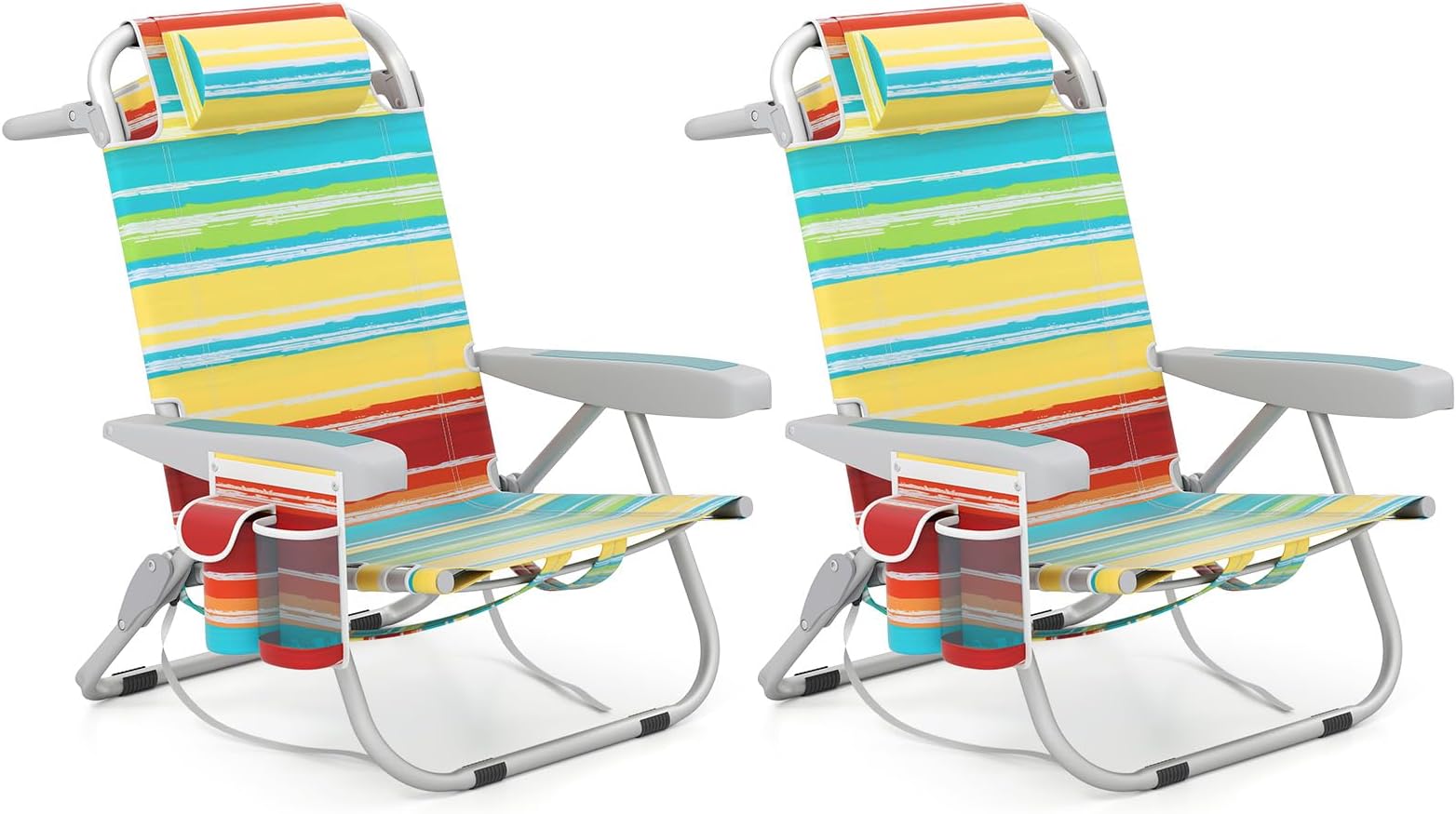 Goplus Beach Chair, 2 Pack 330lbs Folding Backpack Chairs for Adults with 5 Positions, Storage Pockets, Towel Bar & Headrest, Foldable Low Beach Lounge, Portable Aluminum Lay Flat Camping Chair