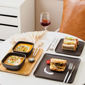 Stone Lain Jonny Stoneware 12 Piece Dinnerware Set, Home Kitchen Modern Square Dish Set with Dinner Plates, Salad Plates, Bowls, Brown