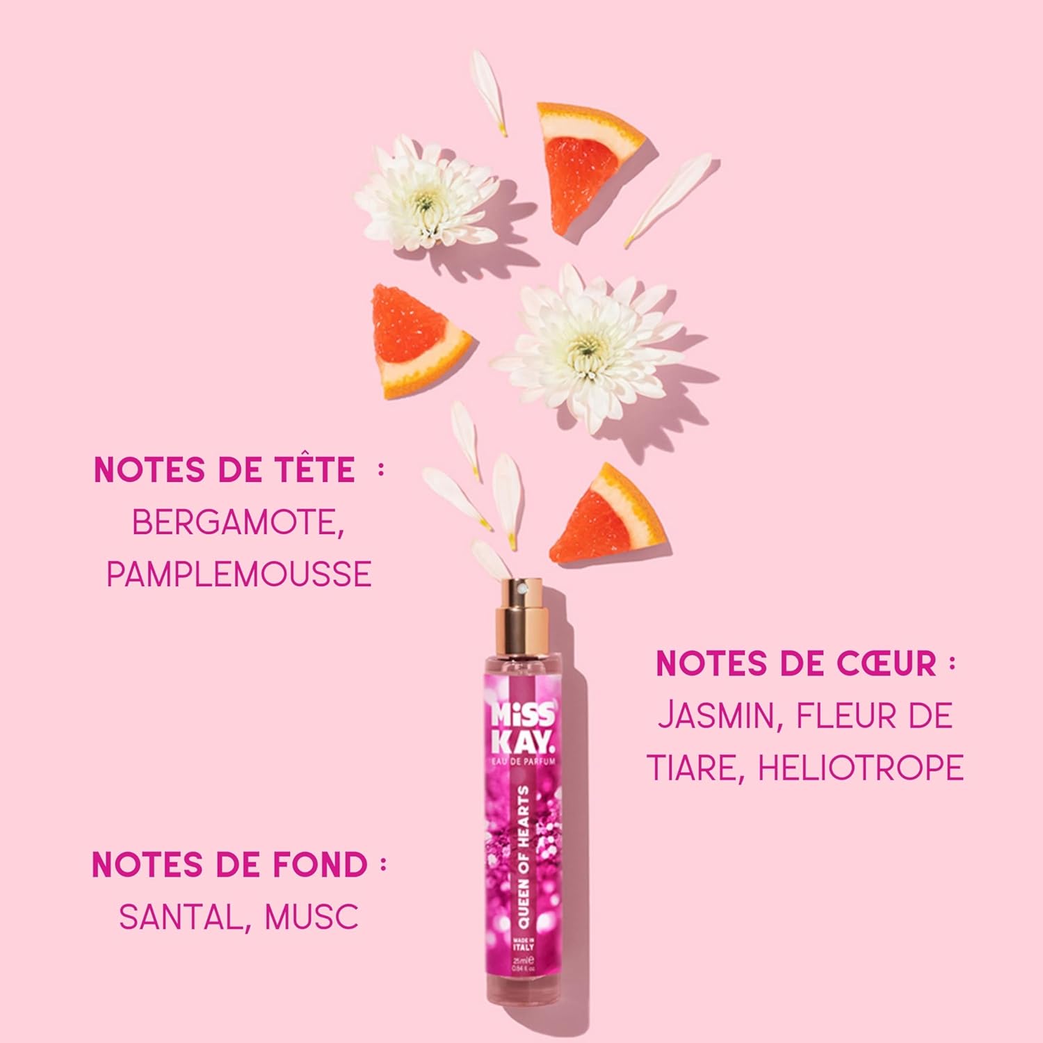 Miss Kay Queen of Hearts Eau de Parfum - Sassy & Sweet, Light Floral Scent - Notes of Bergamot, Grapefruit & Jasmine - Made in Italy, 100% Vegan
