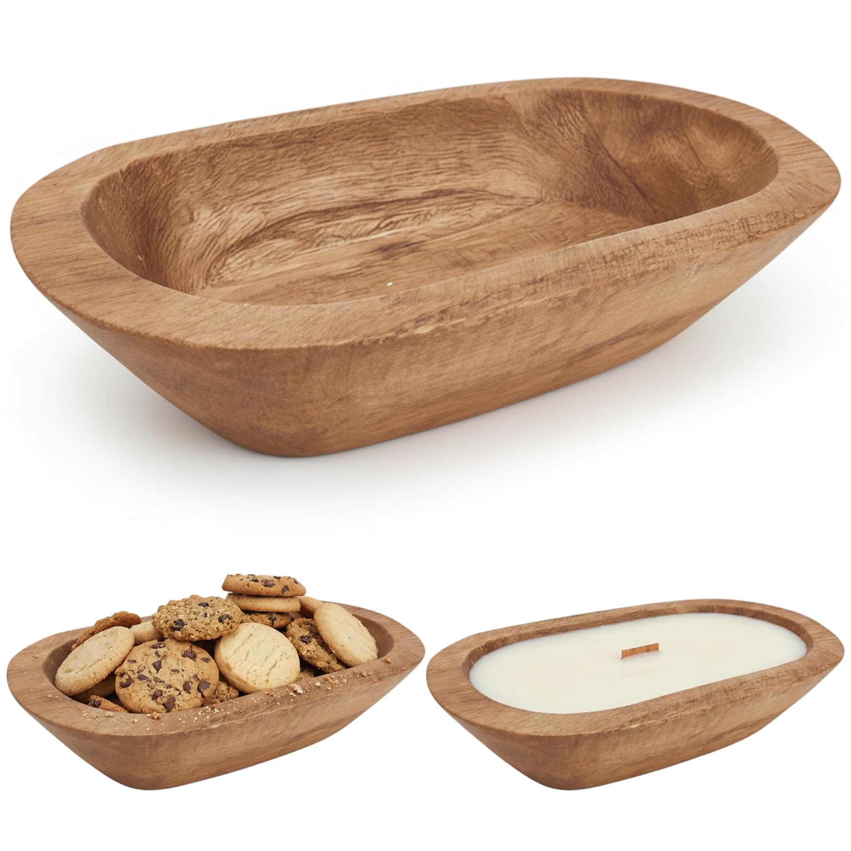 Otbushit Wooden Candle Bowl 8.7x5.1x2in Rustic Decorative Bread Bowl for Bread Making Dining Room Table Centerpiece Home Decoration