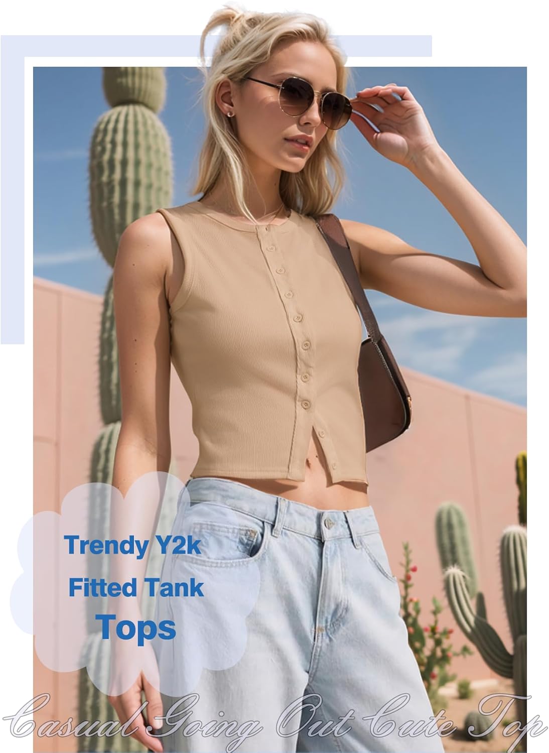 Women’s Button Down Tank Tops Sleeveless Ribbed Crop Summer Button Up Crewneck Vest Shirt Going Out Slim Fit Tops - Image 5