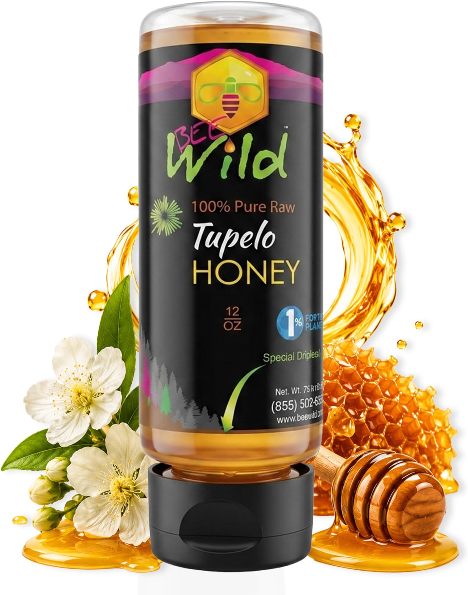 Bee Wild 100% Pure & Raw Tupelo Honey – Organic Honey Raw Unfiltered Sweetener with Smooth Natural Flavor | Premium Tupelo Variety in Dripless Upside-Down Squeeze Bottle | 12 oz