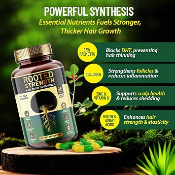 Rooted Strength Hair Growth Vitamins Hair Vitamins for Black Women & Men with DHT Blocker & Collagen, Advanced Biotin for Hair Growth Women, 60 Capsules, 1-Month Supply, for Thicker, Stronger Hair
