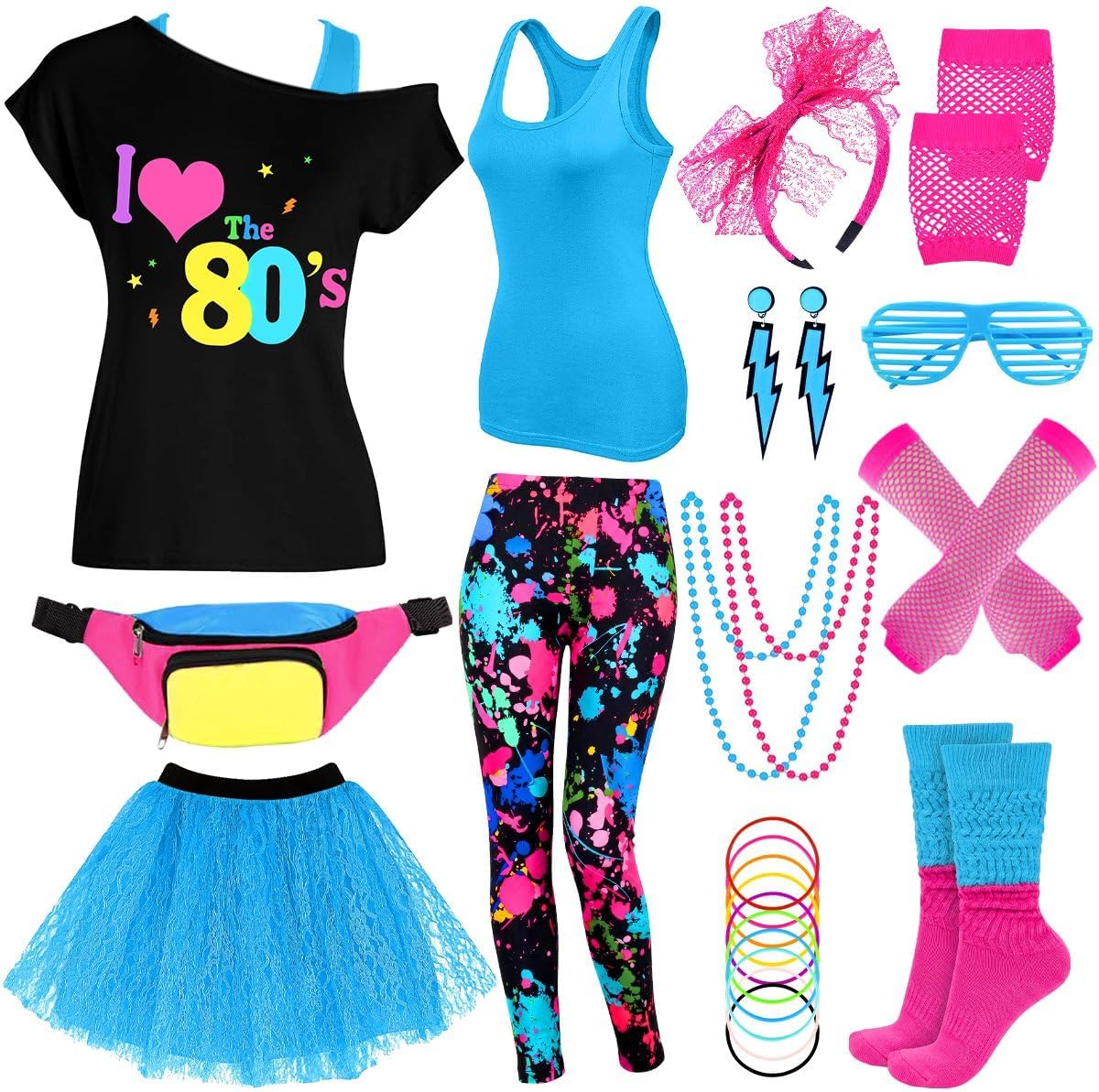 80s Outfit Women Costume Accessories Set, T-Shirt Tank Top Leggings Tutu Skirt Fanny Pack for Halloween, 80s Neon Party