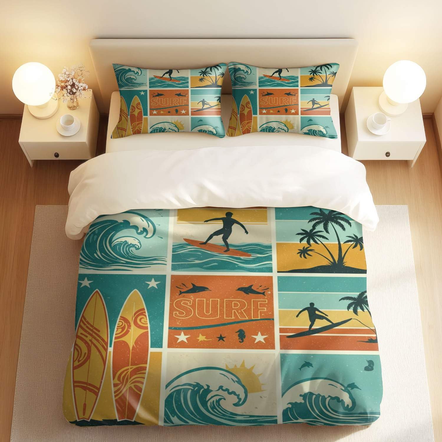 Housse de couette imprimée surf vintage et parure de lit océan 3 pièces