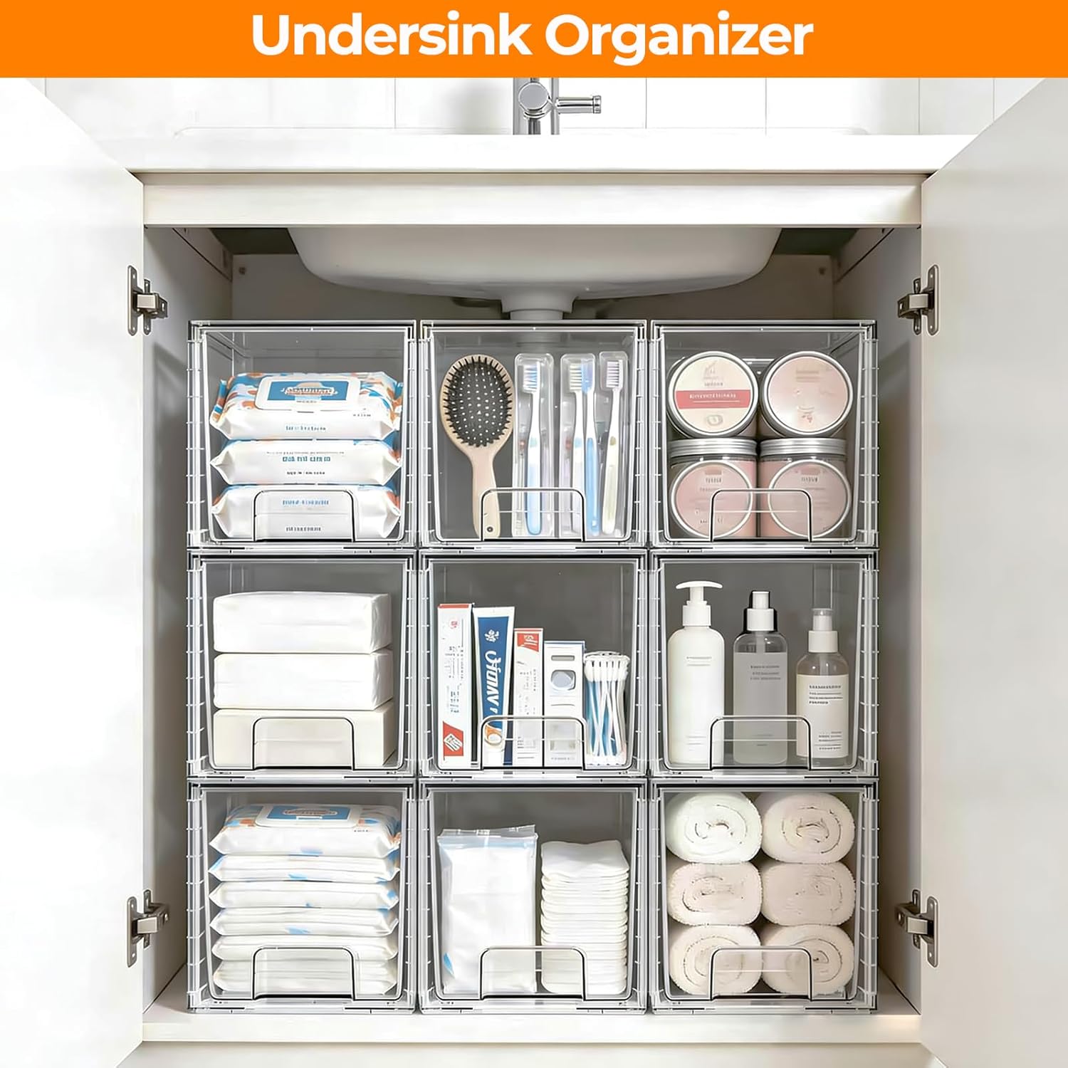 6 Pack Large Stackable Storage Drawers, Acrylic Bathroom Undersink Closet organizers and storage, Clear Plastic Bins for Pantry, Kitchen Cabinets, Makeup, Perfume, Baby Bottles, Medicine Organization