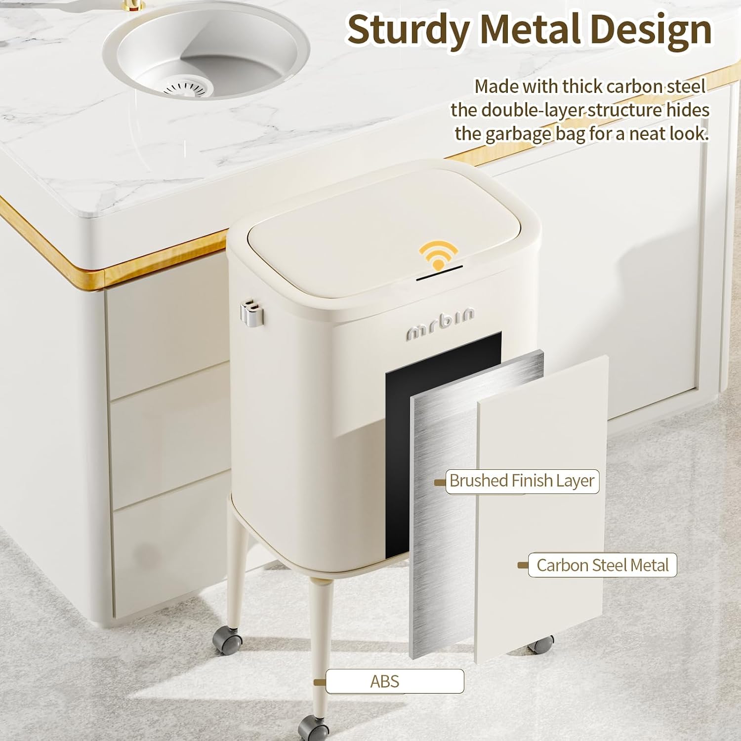 MRBIN Metal Motion Sensor Kitchen Trash Can with Wheel Legs, Medium Press Lid Slim Waste Basket, 36L / 9.5gal Pet Proof Tall Narrow Garbage Pail for Vanity, Bathroom, Bedroom, Living Room, White Rose