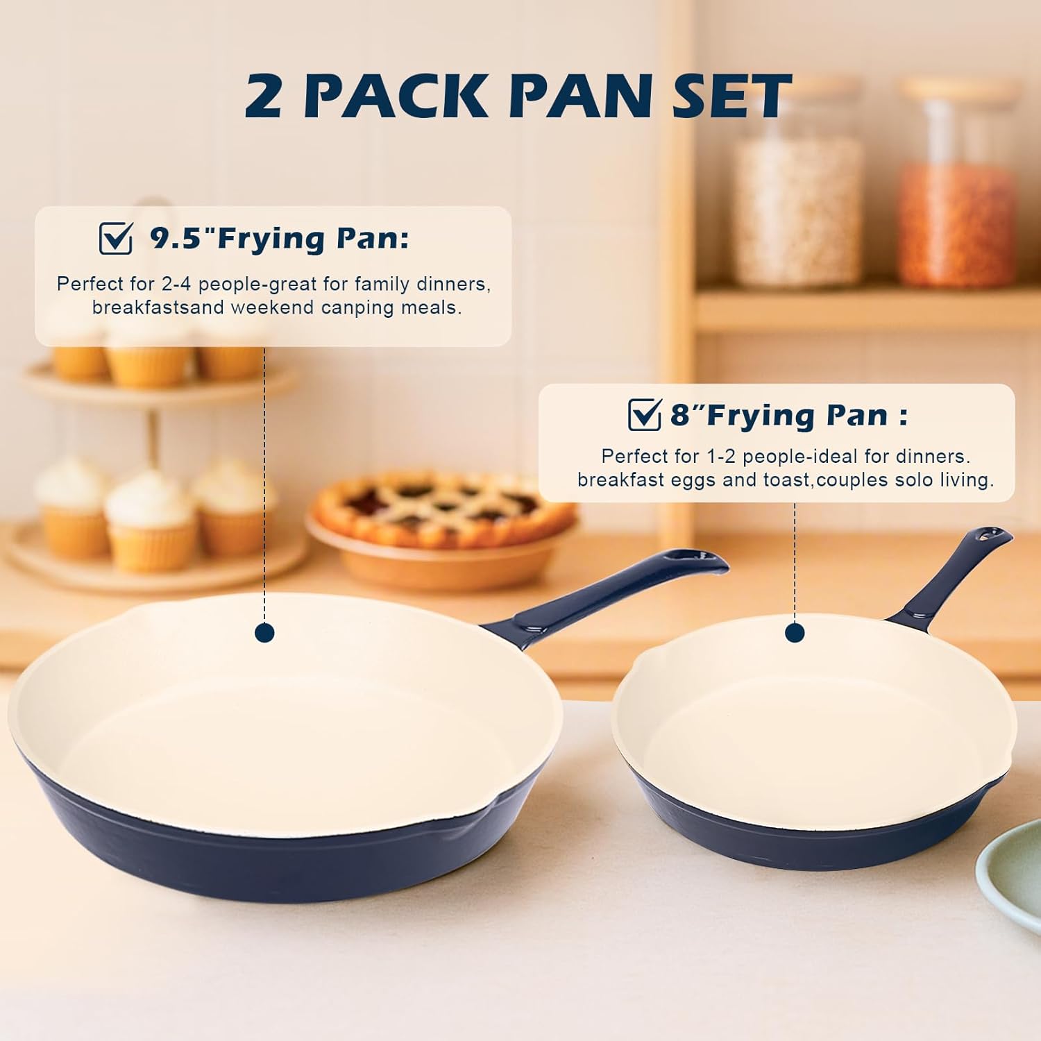 Hisencn Pans set,8 & 9.5 Inch Ceramic Cast Iron Pans Set Nonstick,Nonstick Frying Pan Set Without PFAS & PTFE & PFOA,Dishwasher & Oven Safe,Enameled Cast Iron Skillets For Gas/Electric Stovetop，blue