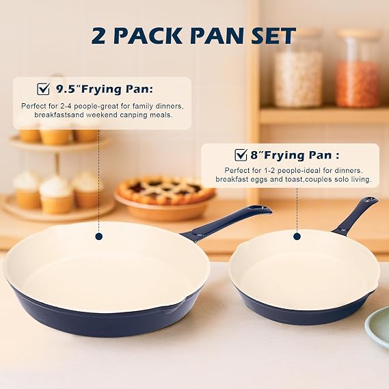 Hisencn Pans set,8 & 9.5 Inch Ceramic Cast Iron Pans Set Nonstick,Nonstick Frying Pan Set Without PFAS & PTFE & PFOA,Dishwasher & Oven Safe,Enameled Cast Iron Skillets For Gas/Electric Stovetop,blue
