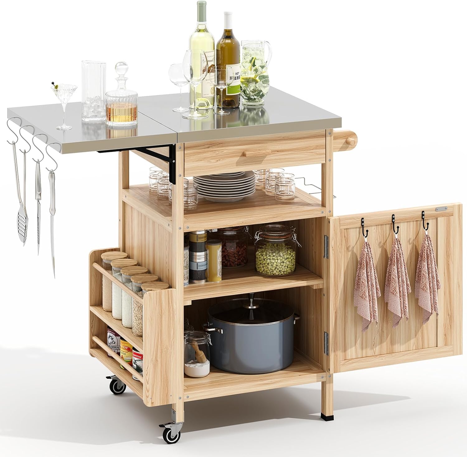 Outdoor Grill Cart with Drop Leaf, Stainless Steel Tabletop Outdoor Kitchen Island, Solid Wood Outdoor Buffet Cabinet with Drawer, Towel Rack, Lockable Wheels for Grilling, Gray-Blue