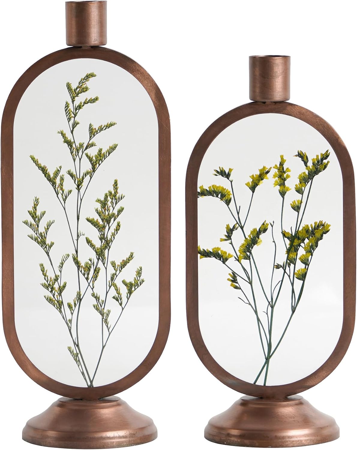 NIKKY HOME Nature Botanical Taper Candle Holders Set of 2, Vintage Decorative Metal Candlesticks Oval Frame with Glass Centerpieces Decor for Dining Room Table Wedding Party Mantle Fireplace