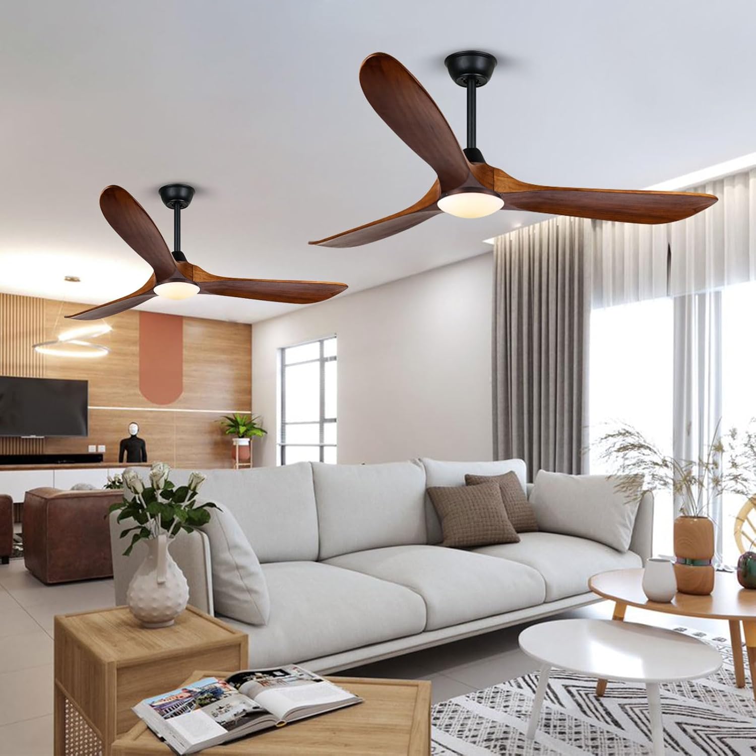 60" Large Modern Ceiling Fan with LED Lights and Remote, 3 Blade Wood Ceiling Fans with Reversible DC Motor, 6 Speed/4H Timing, Outdoor Ceiling Fan with for Patio Bedroom Living Room