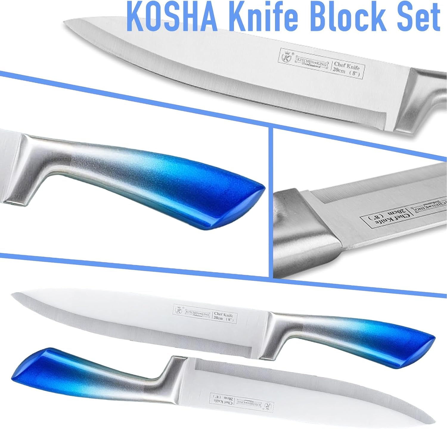 KOSHA Kitchen Knife Set, 9 Piece Knife Set with Block, High Carbon Stainless Steel Knife Set for Kitchen, Sharp Chef Knives Block Set with Sharpener, Rust Proof, Non-Stick Coated Knife
