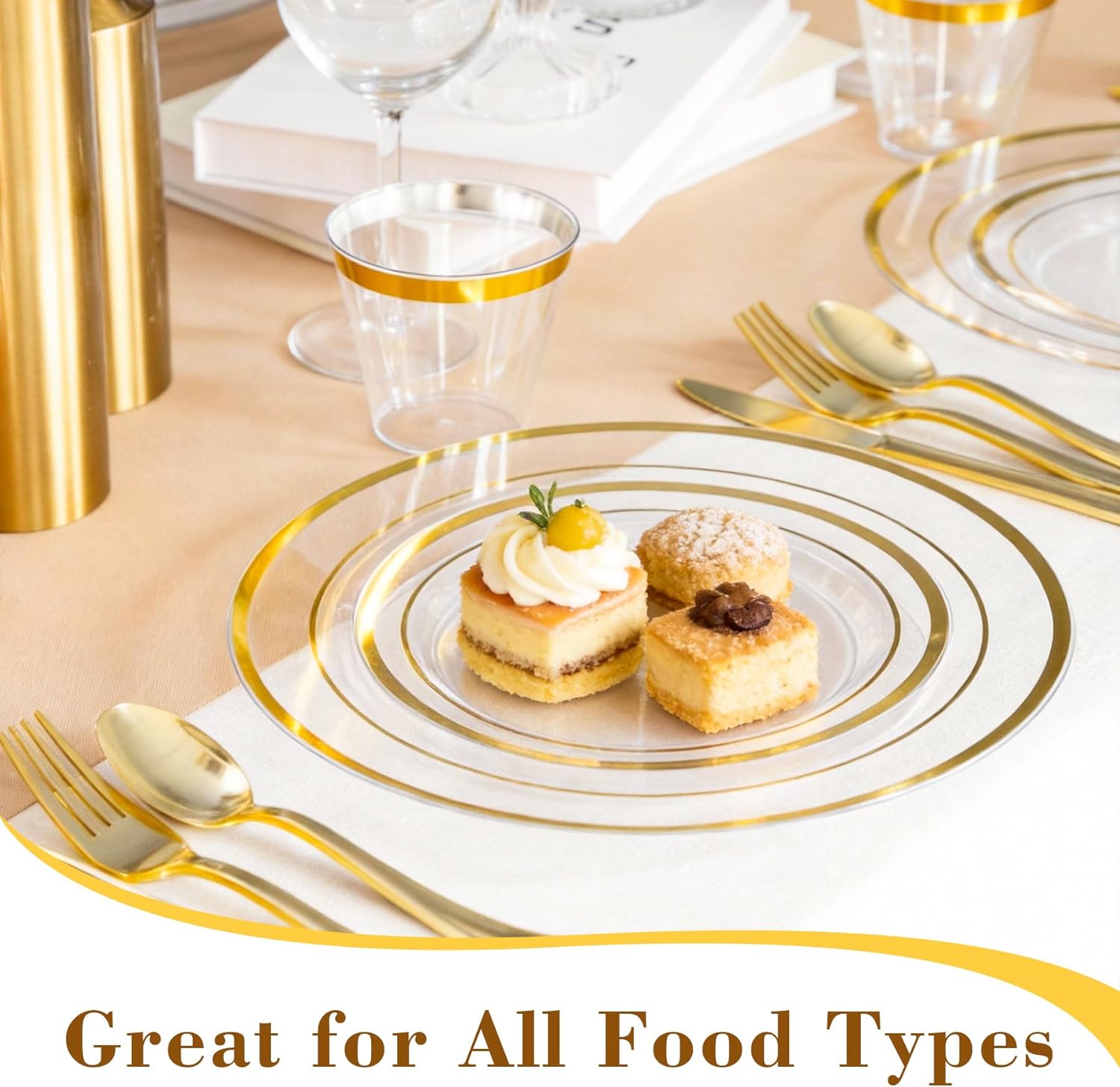 200PCS Clear Plastic Plates, Disposable Party Plates with Gold Rim, Include 100 Dinner Plate and 100 Elegant Dessert Plate for Party and Wedding