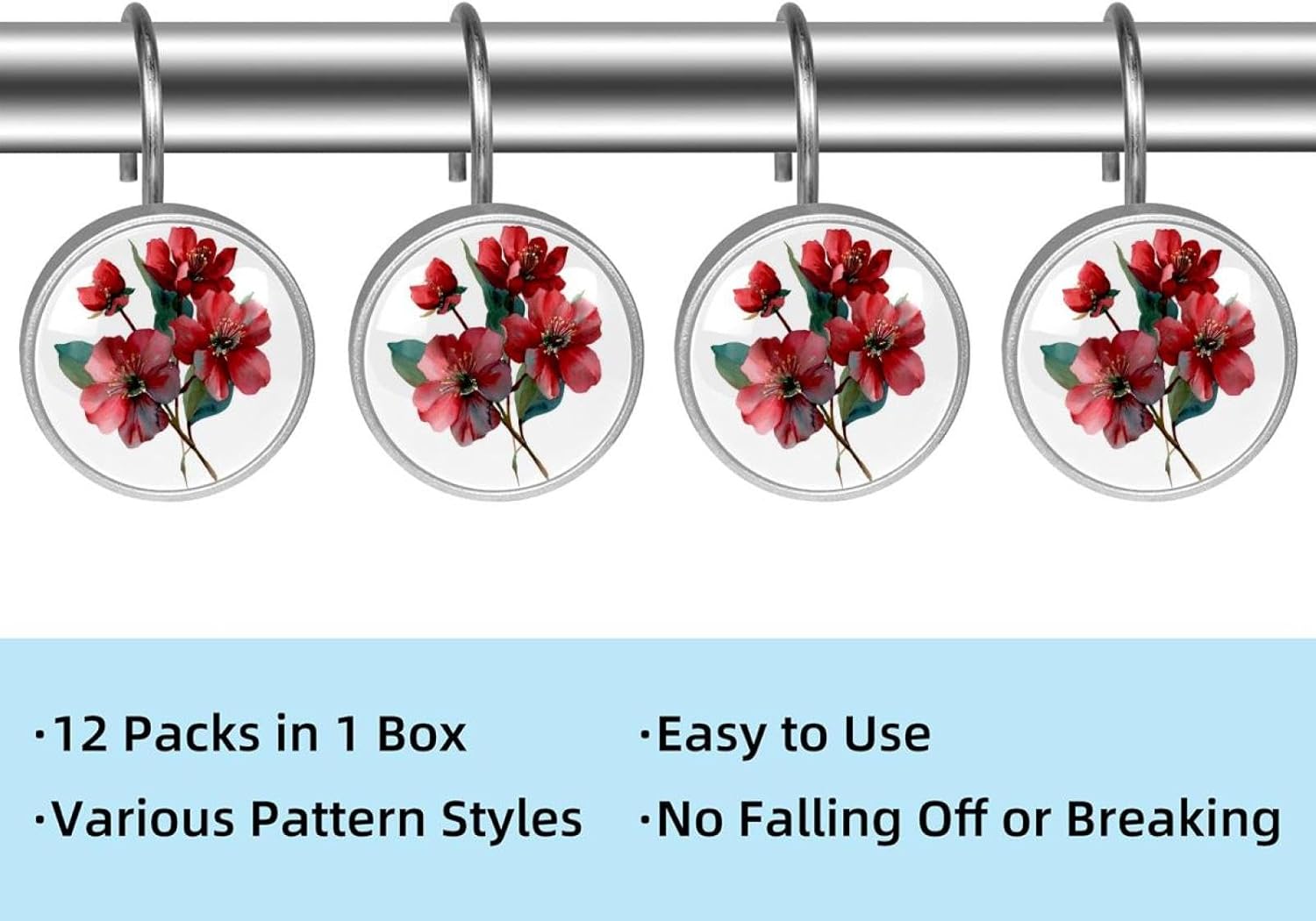 Aesthetic Red Flower Decorative Shower Curtain Hooks Rings, Shower Hooks for Bathroom Shower Rods Curtains, 12pcs Shower Curtain Hooks