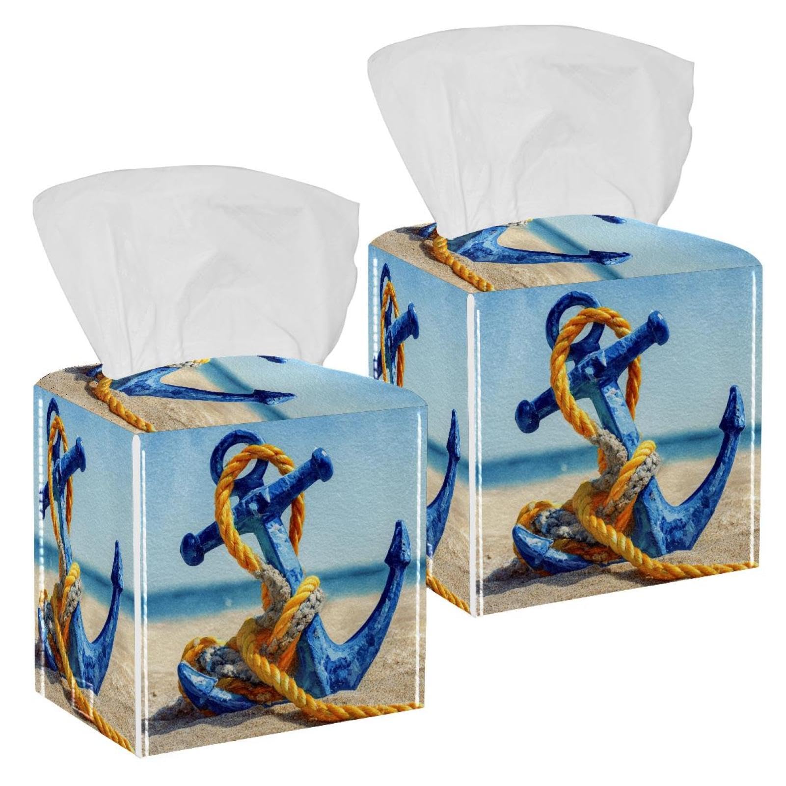 Sea and Anchor Tissue Box Cover, 2 Pack PU Leather Square Facial Tissue Dispenser Box holder for Home Office Car