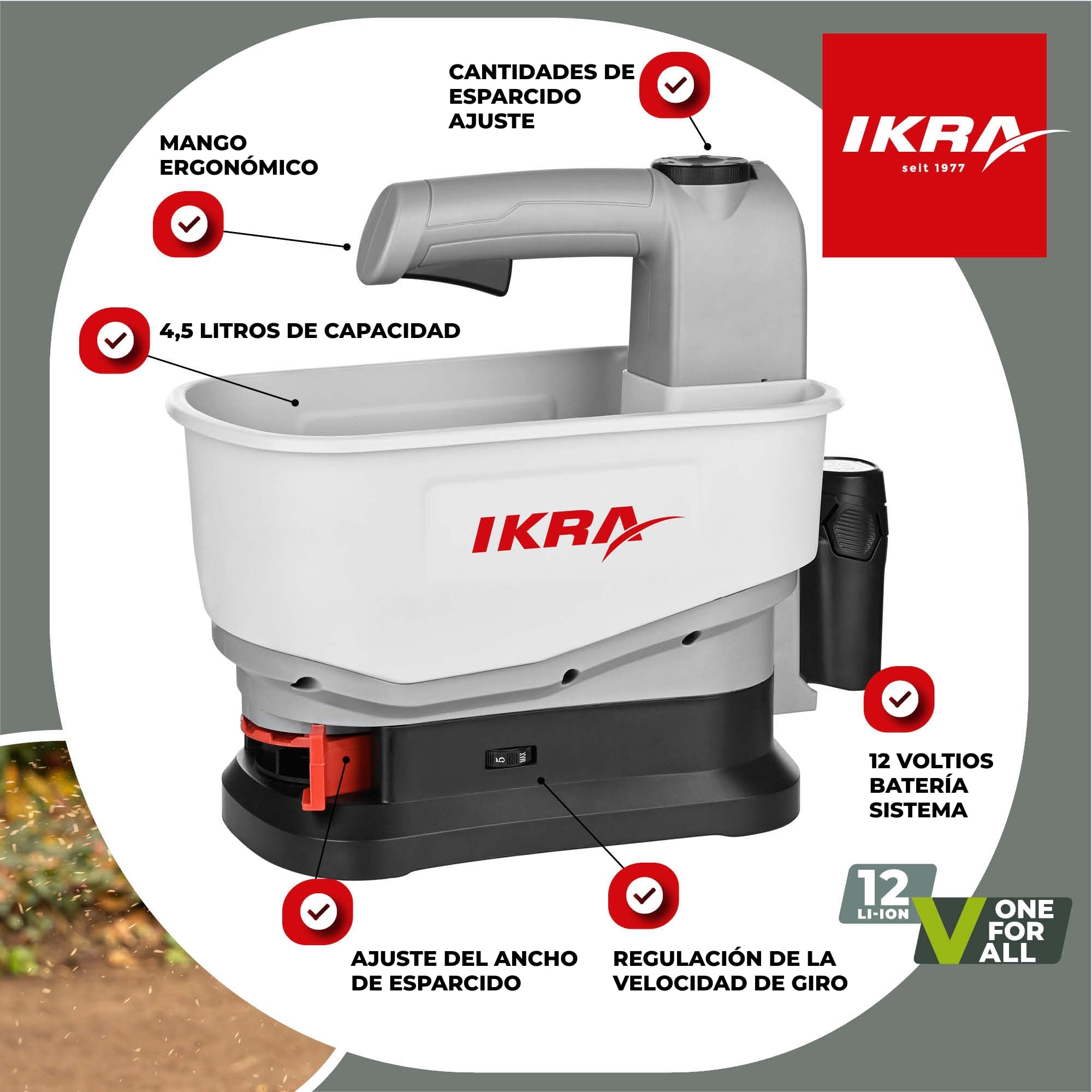 IKRA esparcidor IAST 12, ancho de esparcimiento 5m, incl batería y cargador | Esparcimiento eficaz de fertilizantes, sal para carreteras, semillas y pienso, gama de baterías de 12 V de IKRA